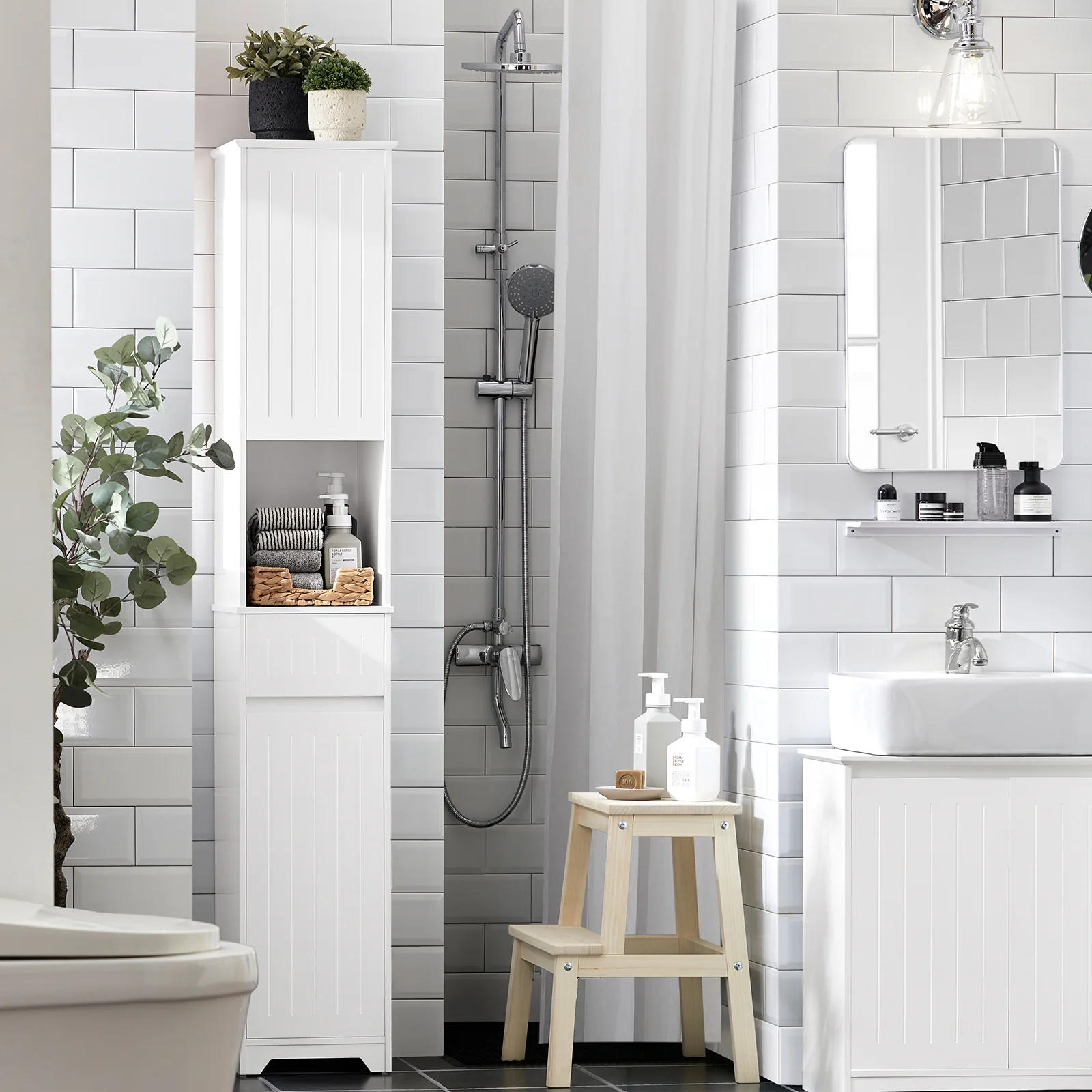 SoBuy BZR109-W Armario Alto de Baño con 1 Cesto y 1 Cajón - Image 5