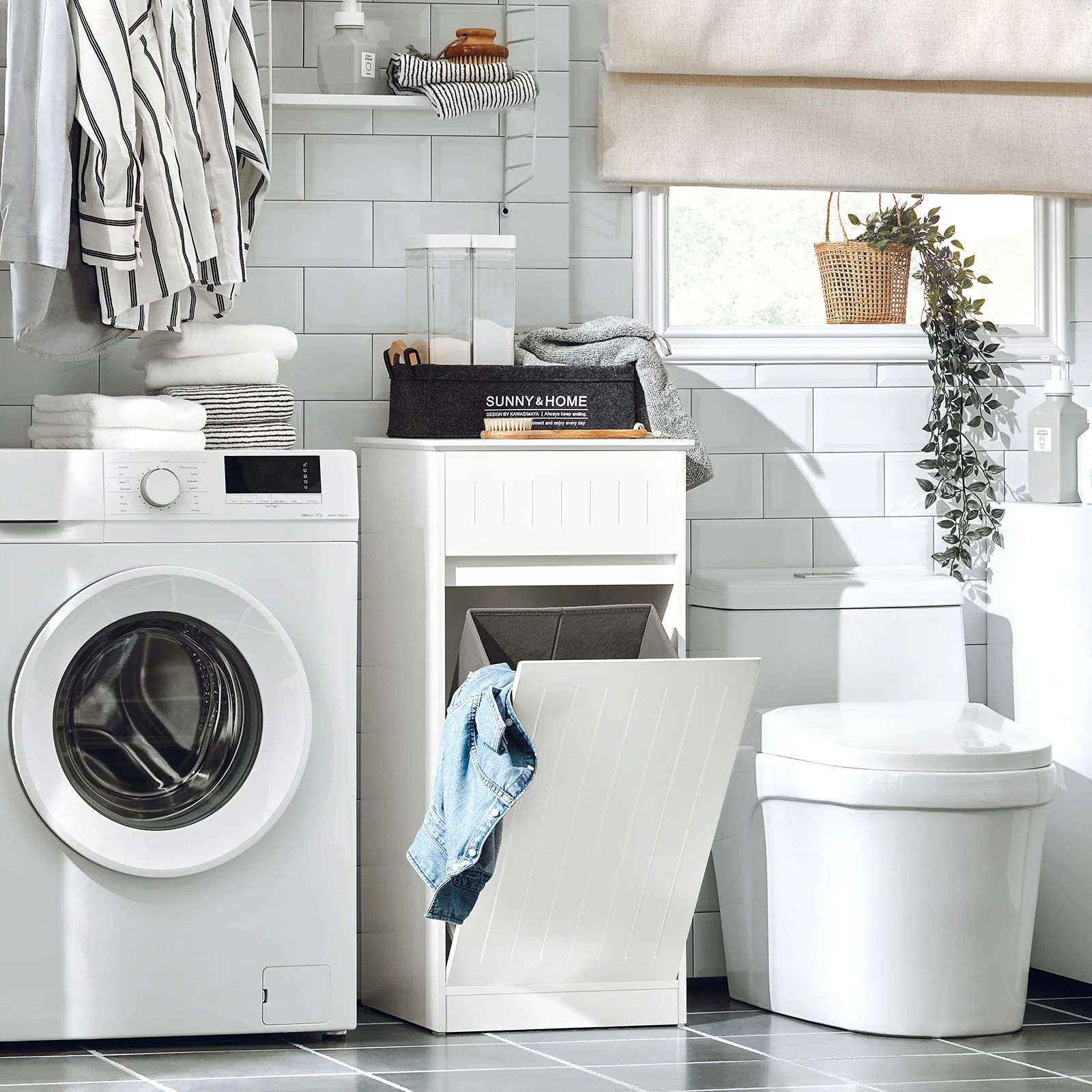 SoBuy BZR110-W Cesto para Ropa Sucia con 1 Cesto y 1 Cajón Blanco - Image 5