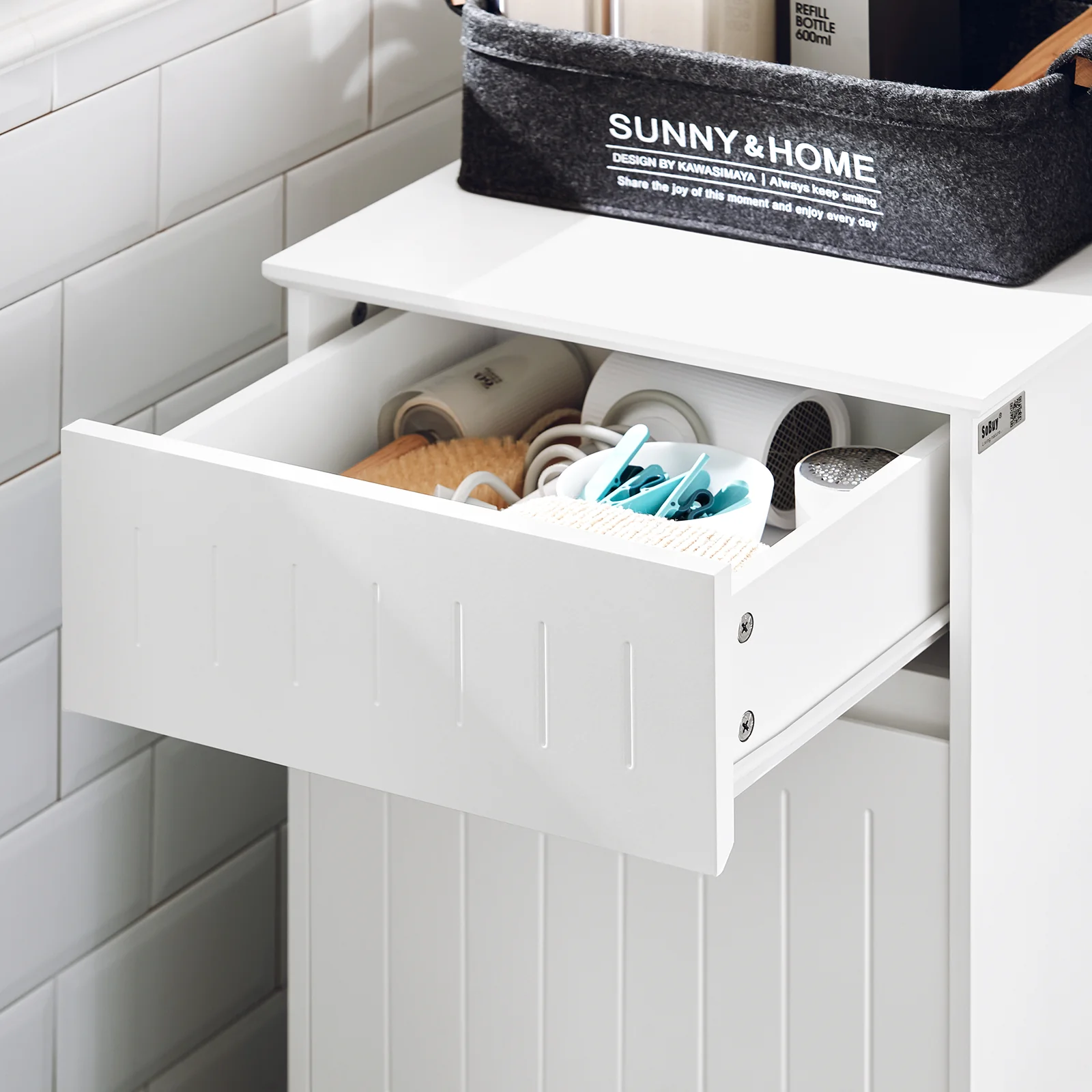 SoBuy BZR110-W Cesto para Ropa Sucia con 1 Cesto y 1 Cajón Blanco - Image 9