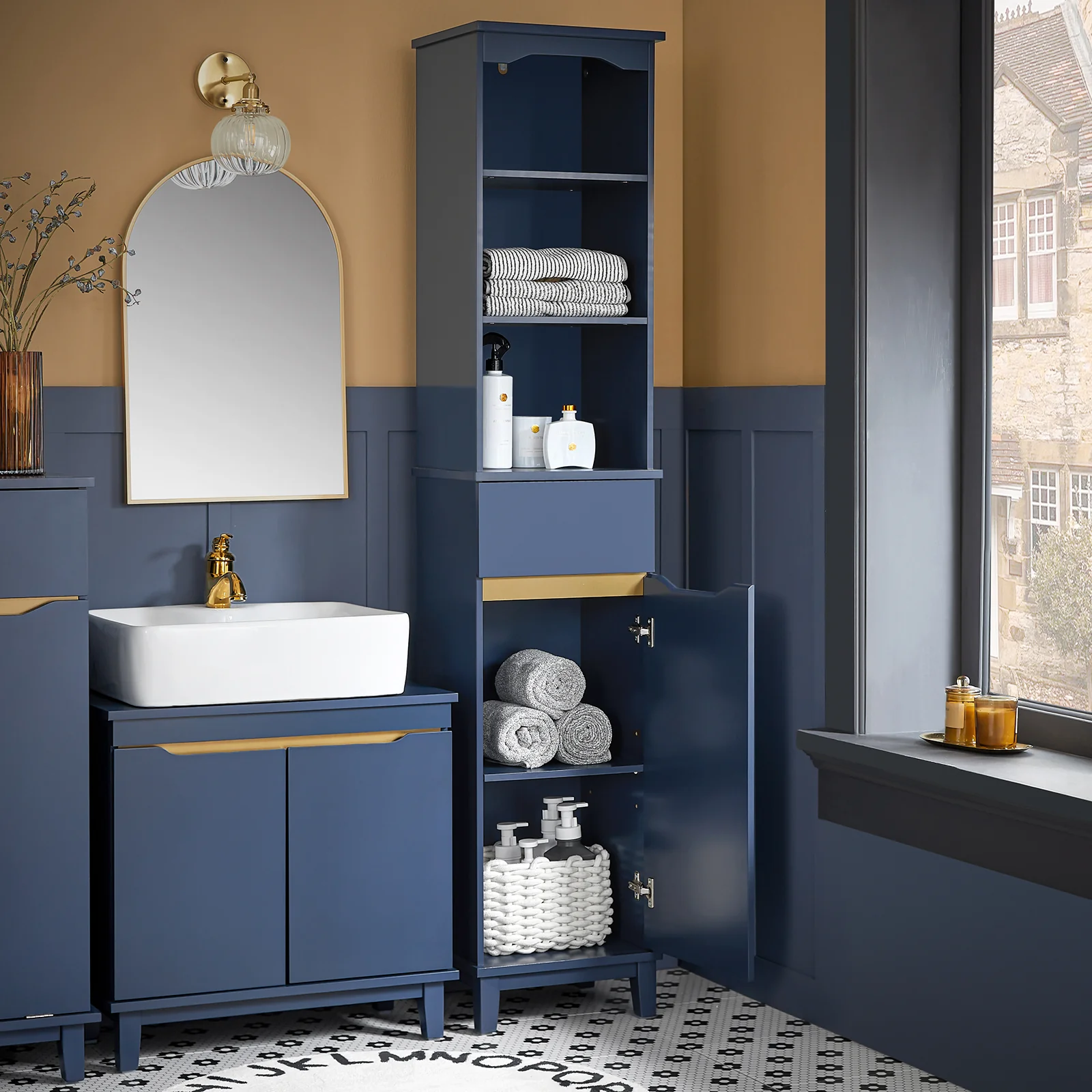 SoBuy BZR112-B Armario Alto para Baño con 3 Estantes 1 Puerta y 1 Cajón Azul - Image 5