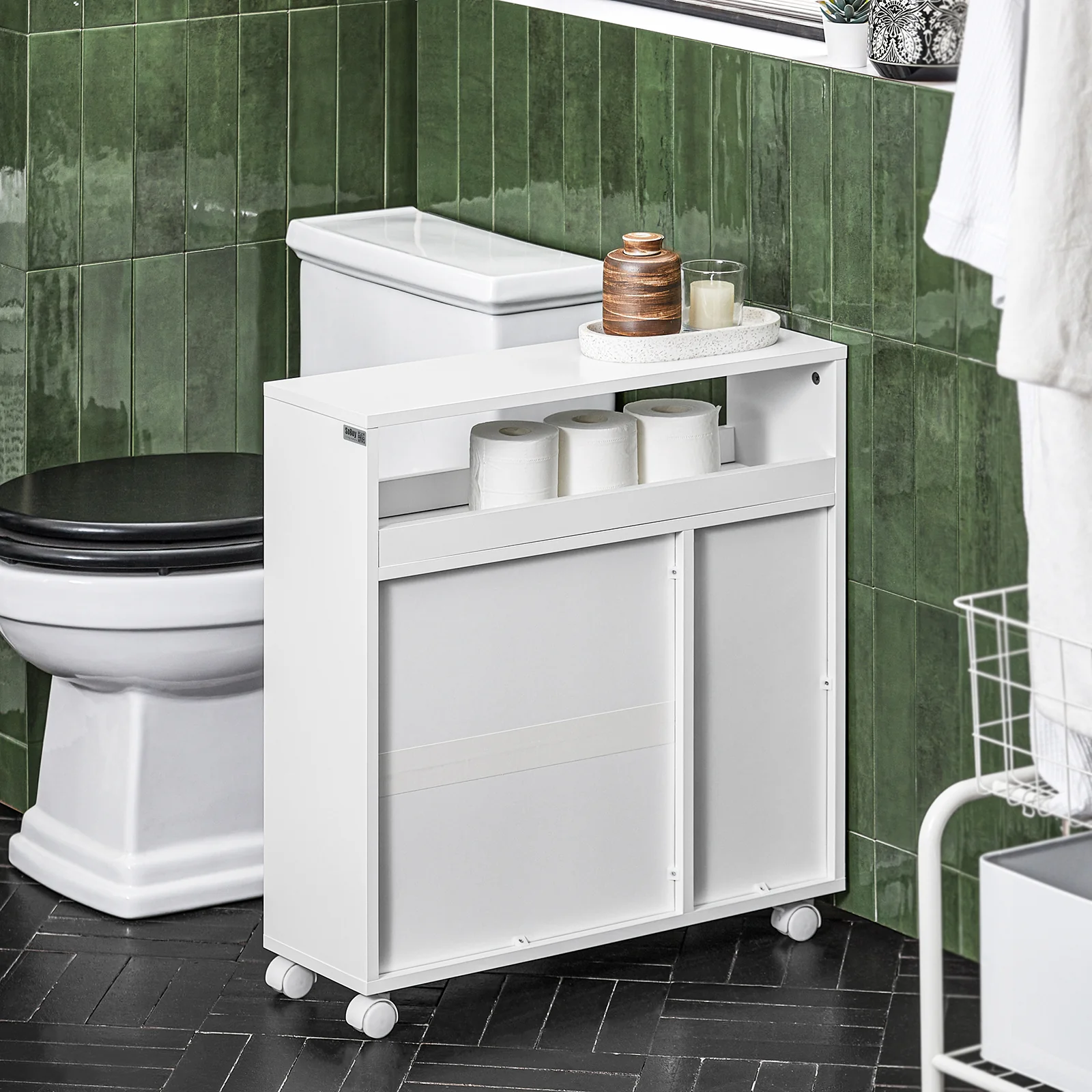 SoBuy BZR119-W Estantería Estrecha para Baño con 2 Puertas 1 Estante y 4 Ruedas - Image 5