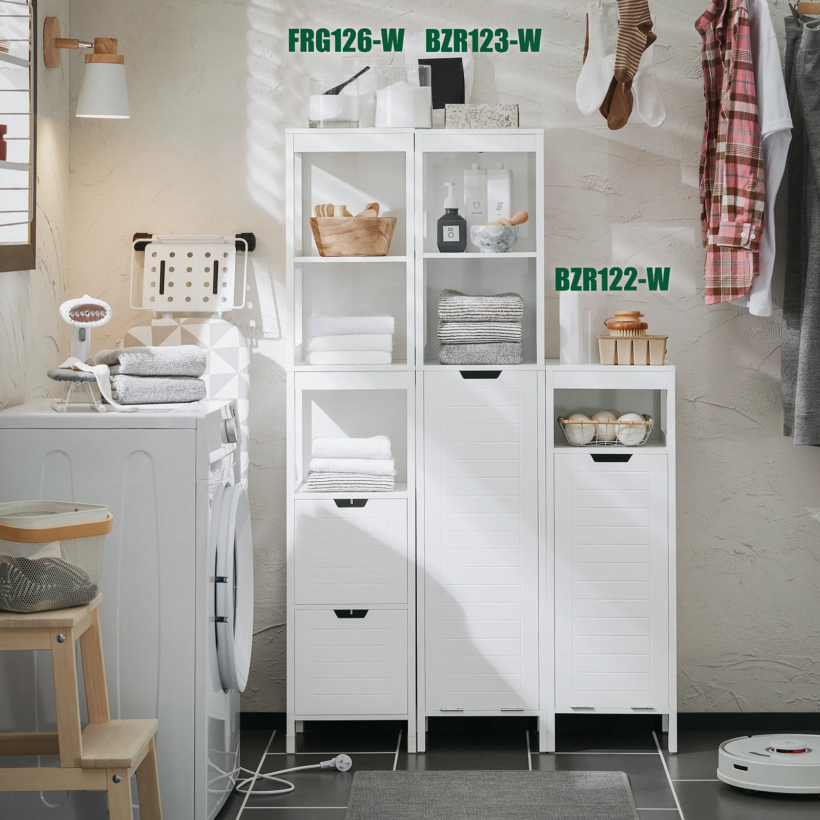 SoBuy BZR123-W Mueble Columna de Baño con 1 Cesto para Ropa Sucia y 2 Estantes - Image 4