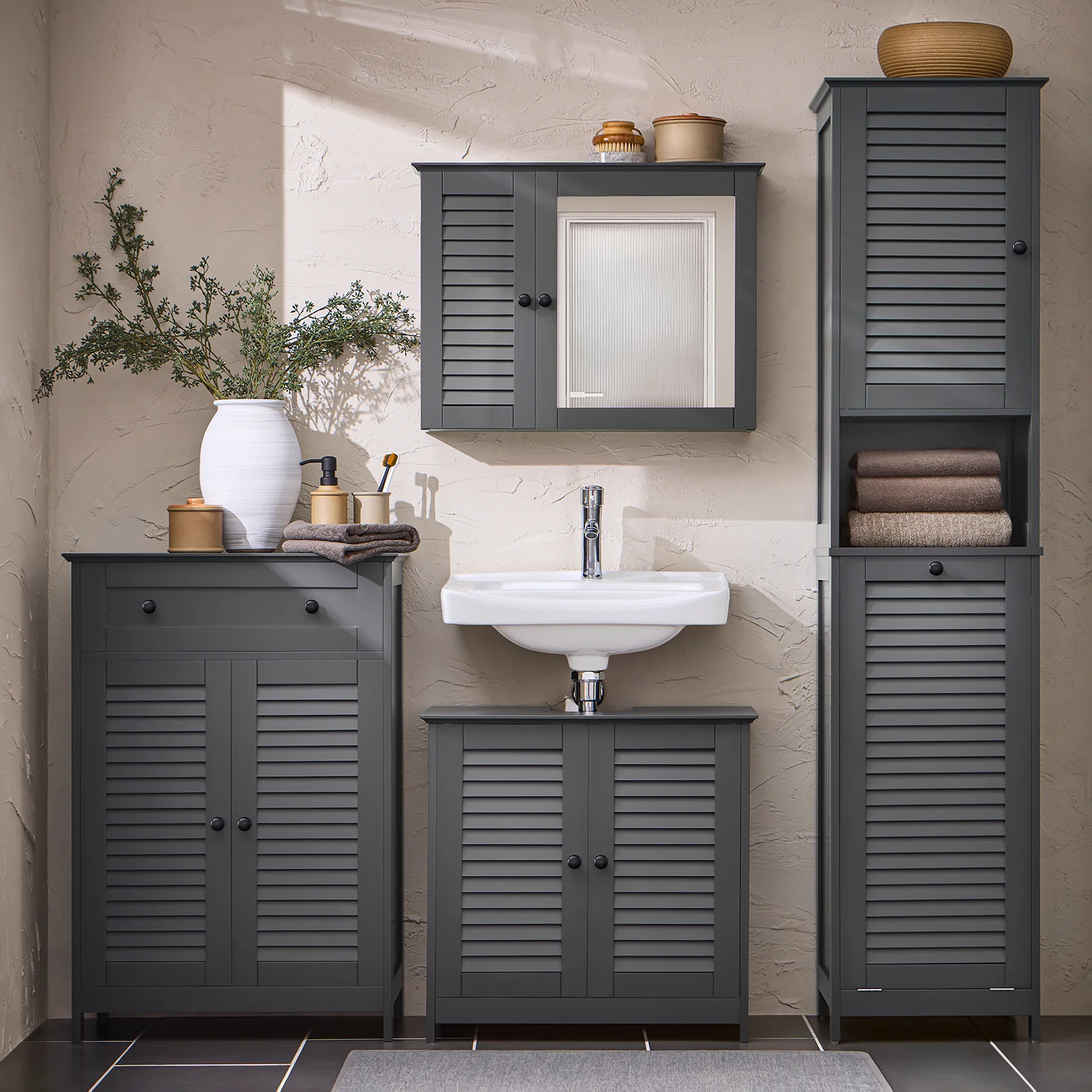 SoBuy BZR124-DG Mueble Columna de Baño con 1 Cesto para Ropa Sucia Gris Oscuro - Image 4