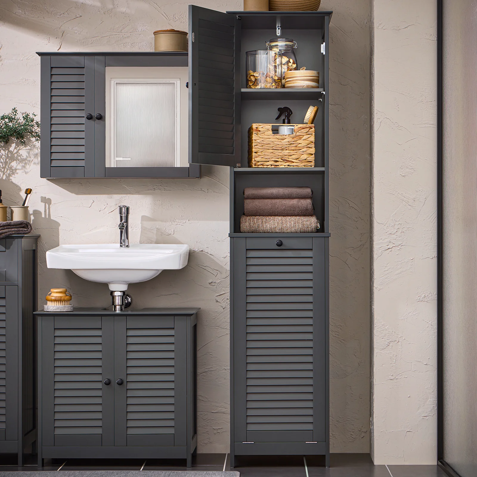SoBuy BZR124-DG Mueble Columna de Baño con 1 Cesto para Ropa Sucia Gris Oscuro - Image 5