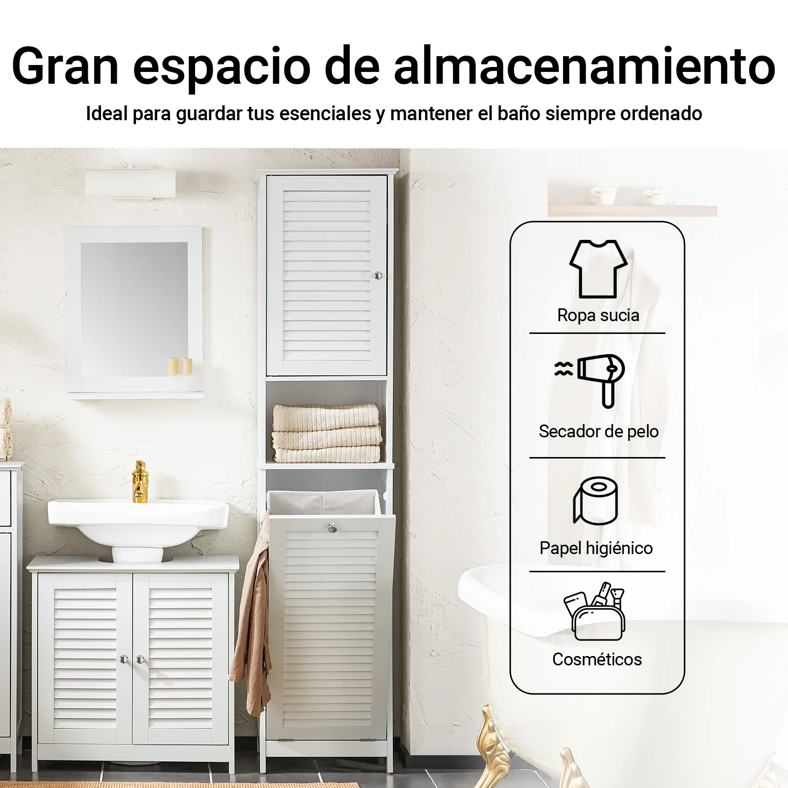 SoBuy BZR124-W Mueble Columna de Baño con 1 Cesto para Ropa Sucia Blanco - Image 2