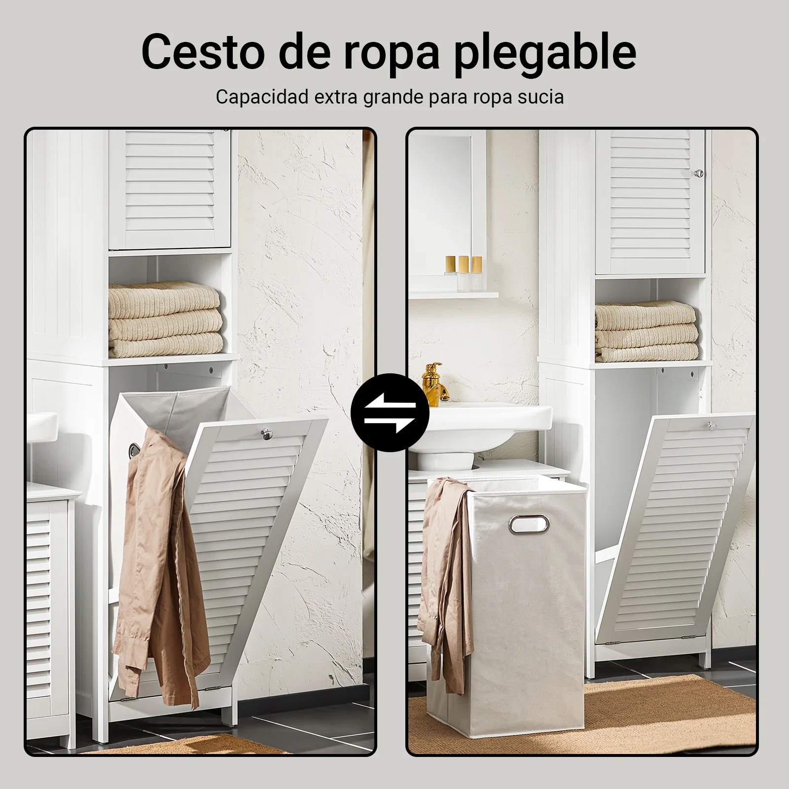 SoBuy BZR124-W Mueble Columna de Baño con 1 Cesto para Ropa Sucia Blanco - Image 4