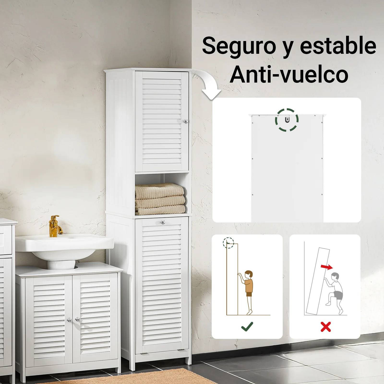 SoBuy BZR124-W Mueble Columna de Baño con 1 Cesto para Ropa Sucia Blanco - Image 5