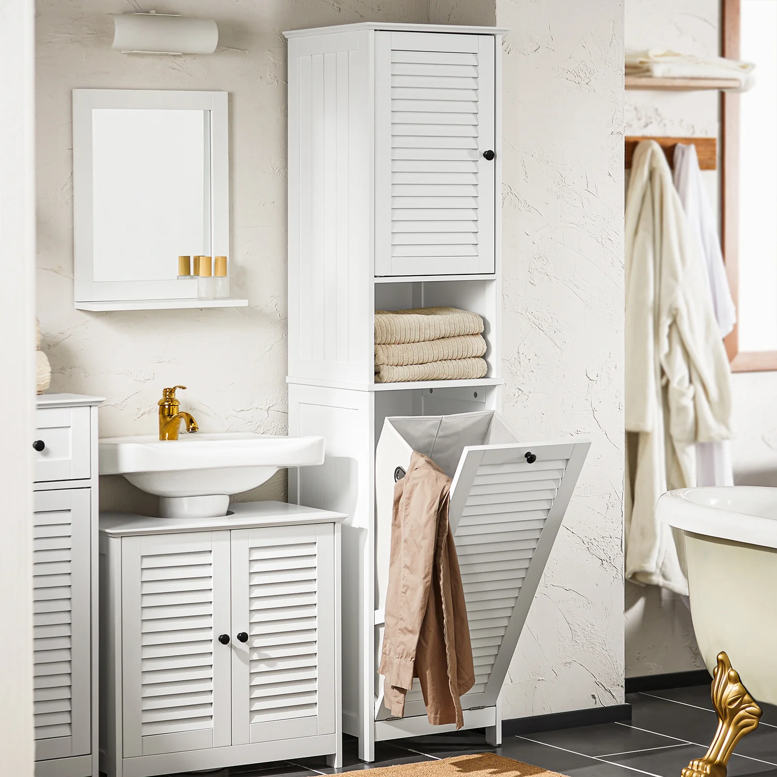 SoBuy BZR124-W Mueble Columna de Baño con 1 Cesto para Ropa Sucia Blanco - Image 8