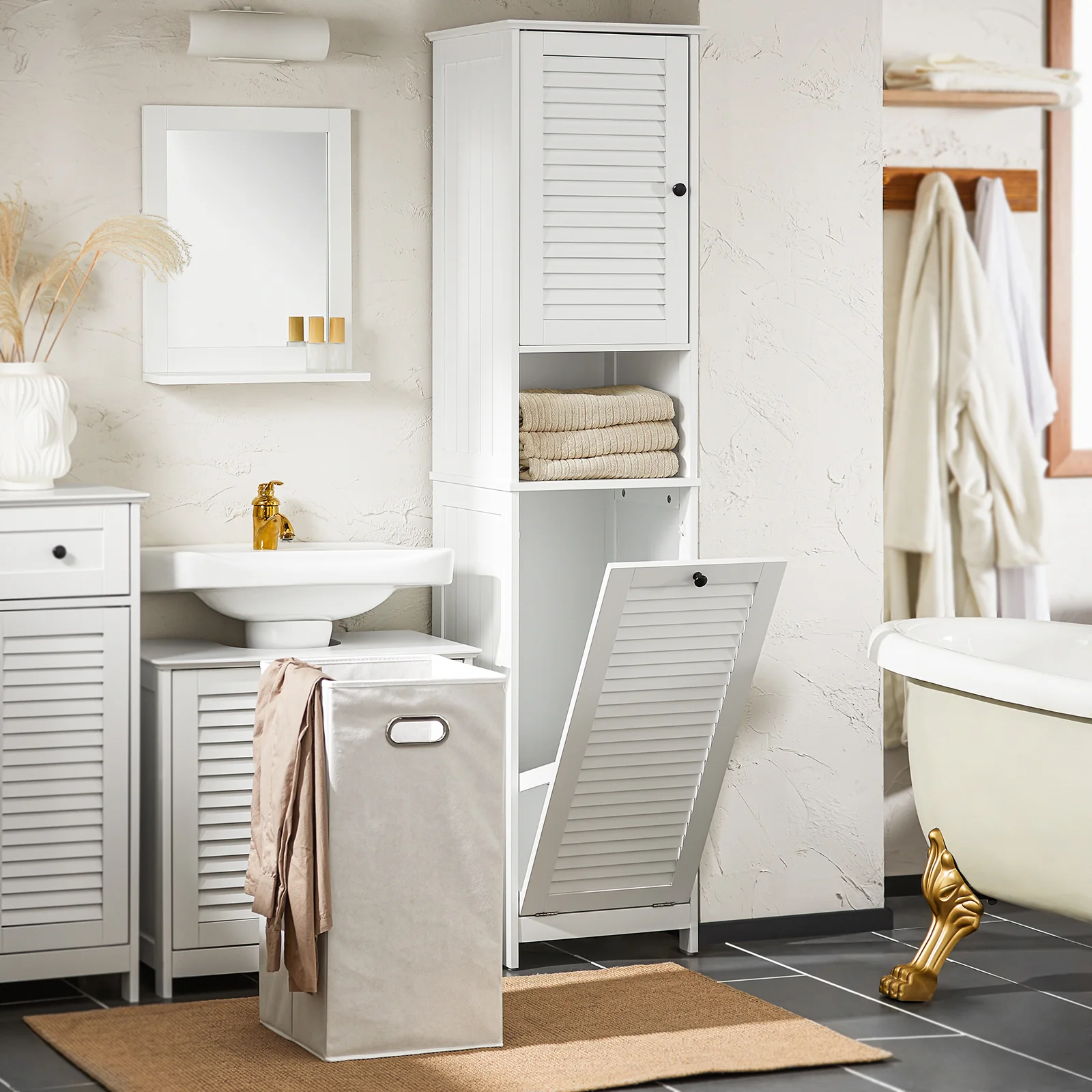 SoBuy BZR124-W Mueble Columna de Baño con 1 Cesto para Ropa Sucia Blanco - Image 9