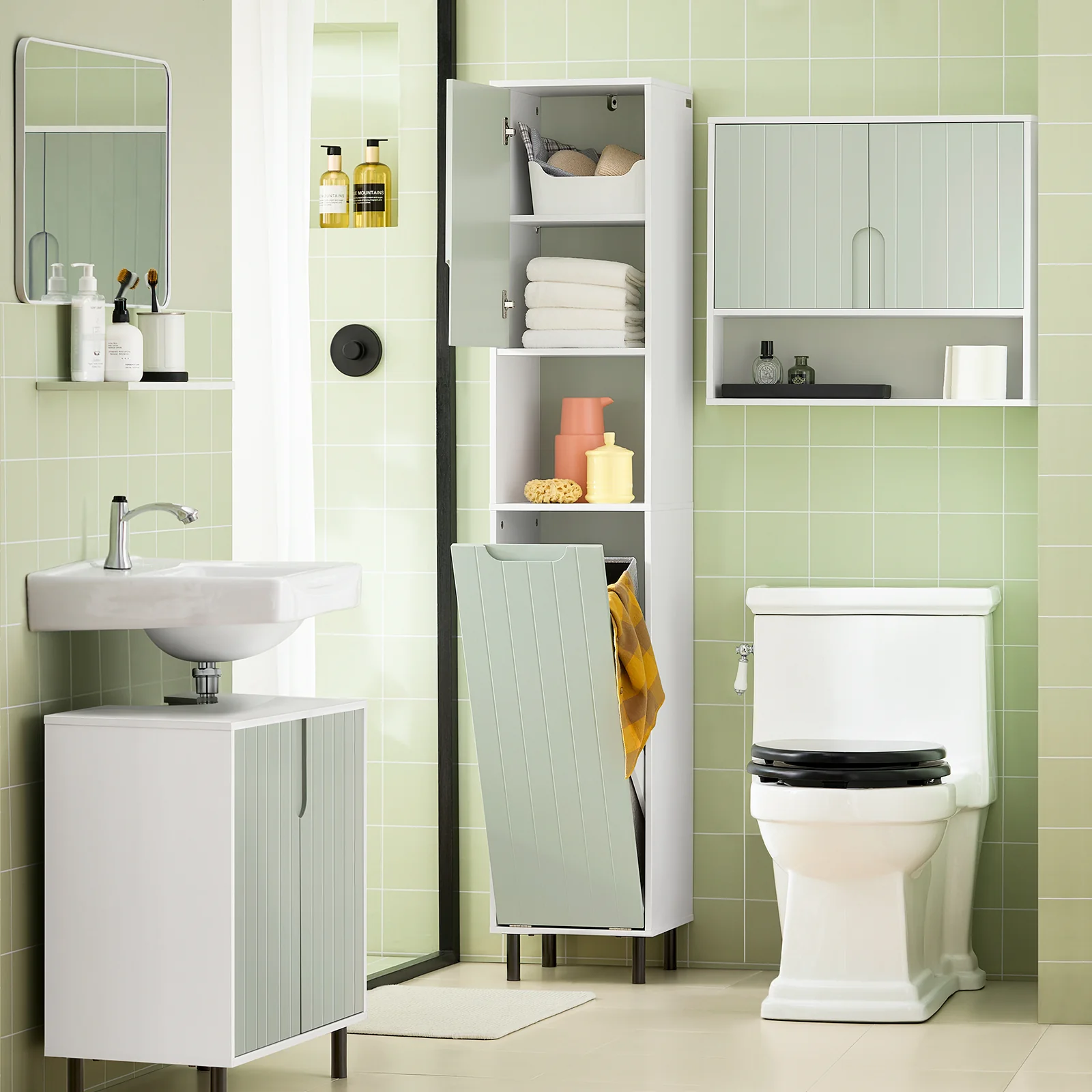 SoBuy BZR137-GR Mueble Columna de Baño con 1 Cesto para Ropa Sucia Verde - Image 4