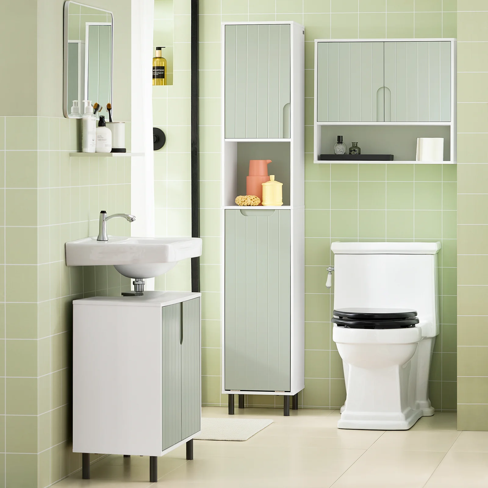 SoBuy BZR137-GR Mueble Columna de Baño con 1 Cesto para Ropa Sucia Verde - Image 5
