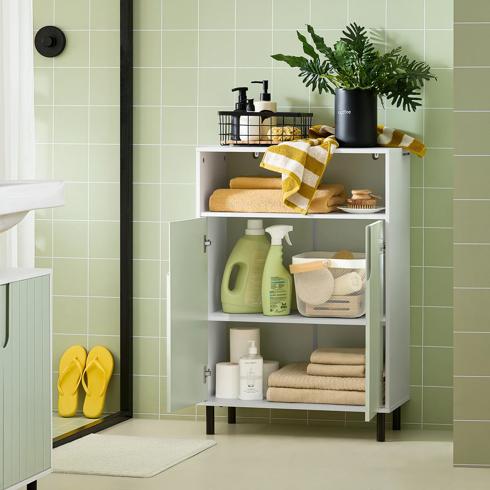 SoBuy BZR138-GR Armario de Suelo para baño con 2 Puertas y 1 Compartimentos Verde - Image 2