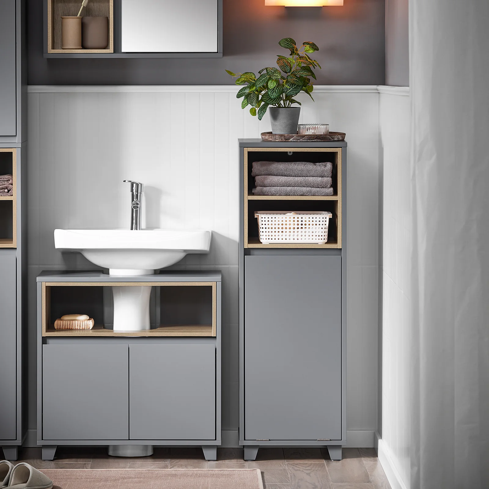 SoBuy BZR146-DG Armario de Suelo para Baño con 2estante y 1 Cesto para Ropa Sucia - Image 4
