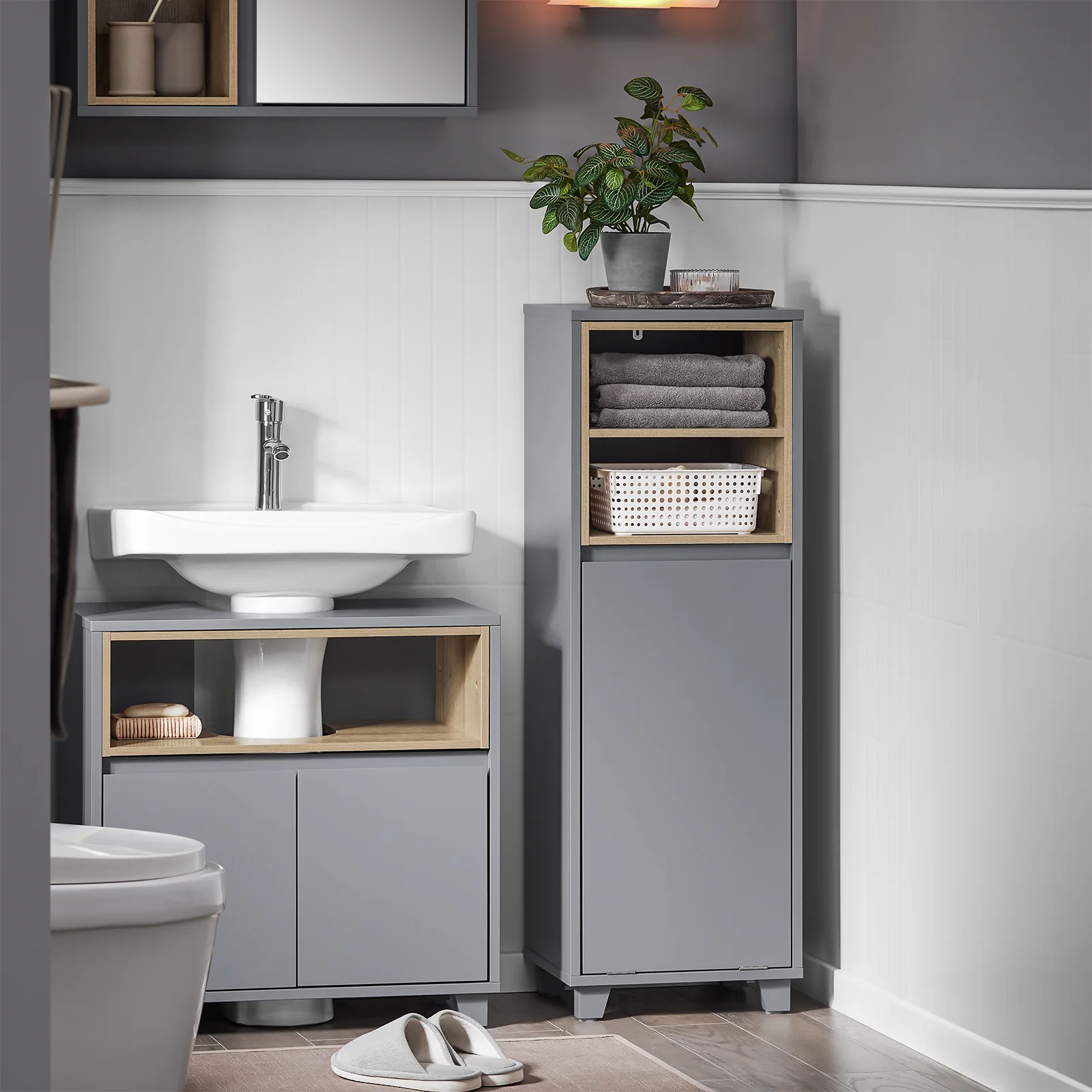 SoBuy BZR146-DG Armario de Suelo para Baño con 2estante y 1 Cesto para Ropa Sucia - Image 5