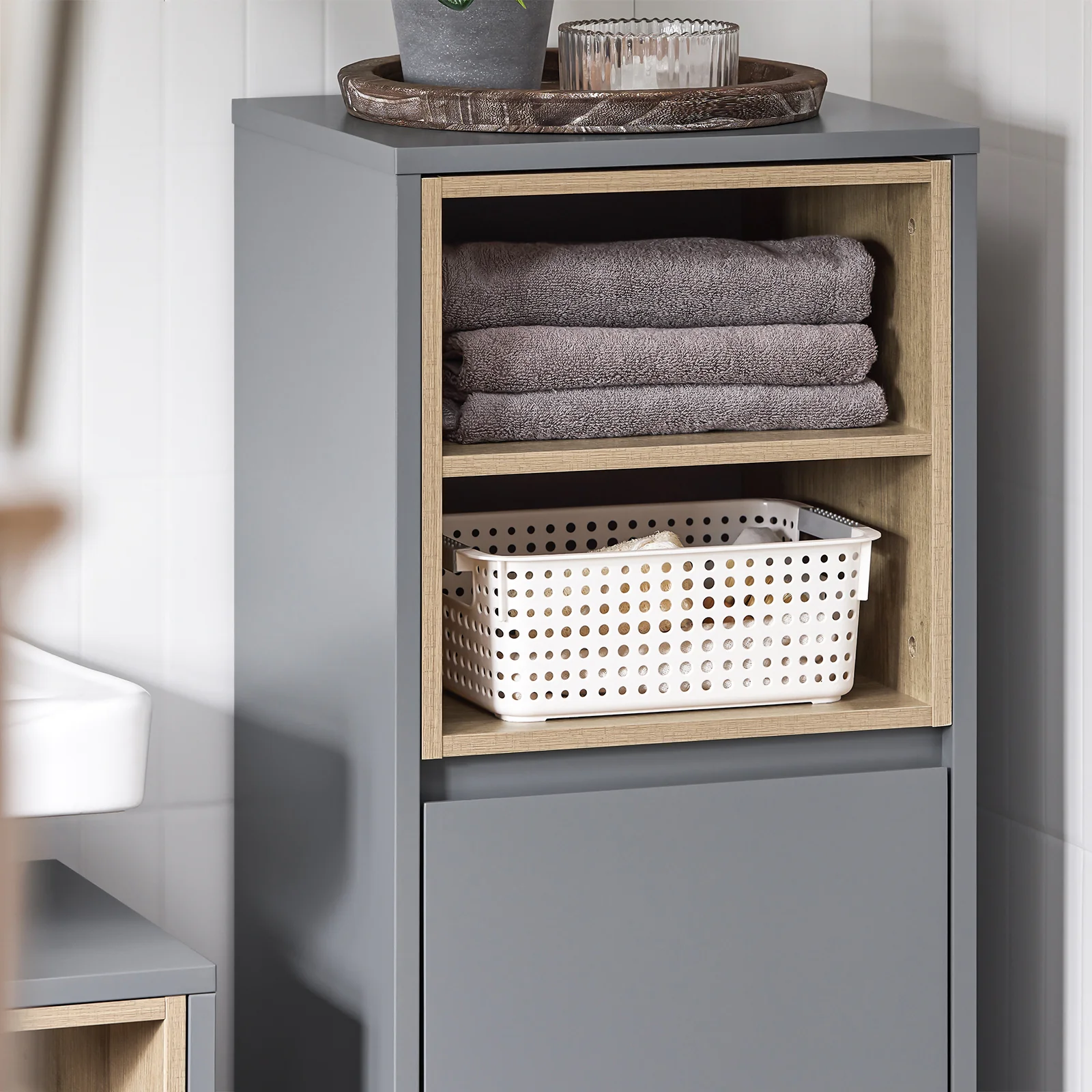 SoBuy BZR146-DG Armario de Suelo para Baño con 2estante y 1 Cesto para Ropa Sucia - Image 7