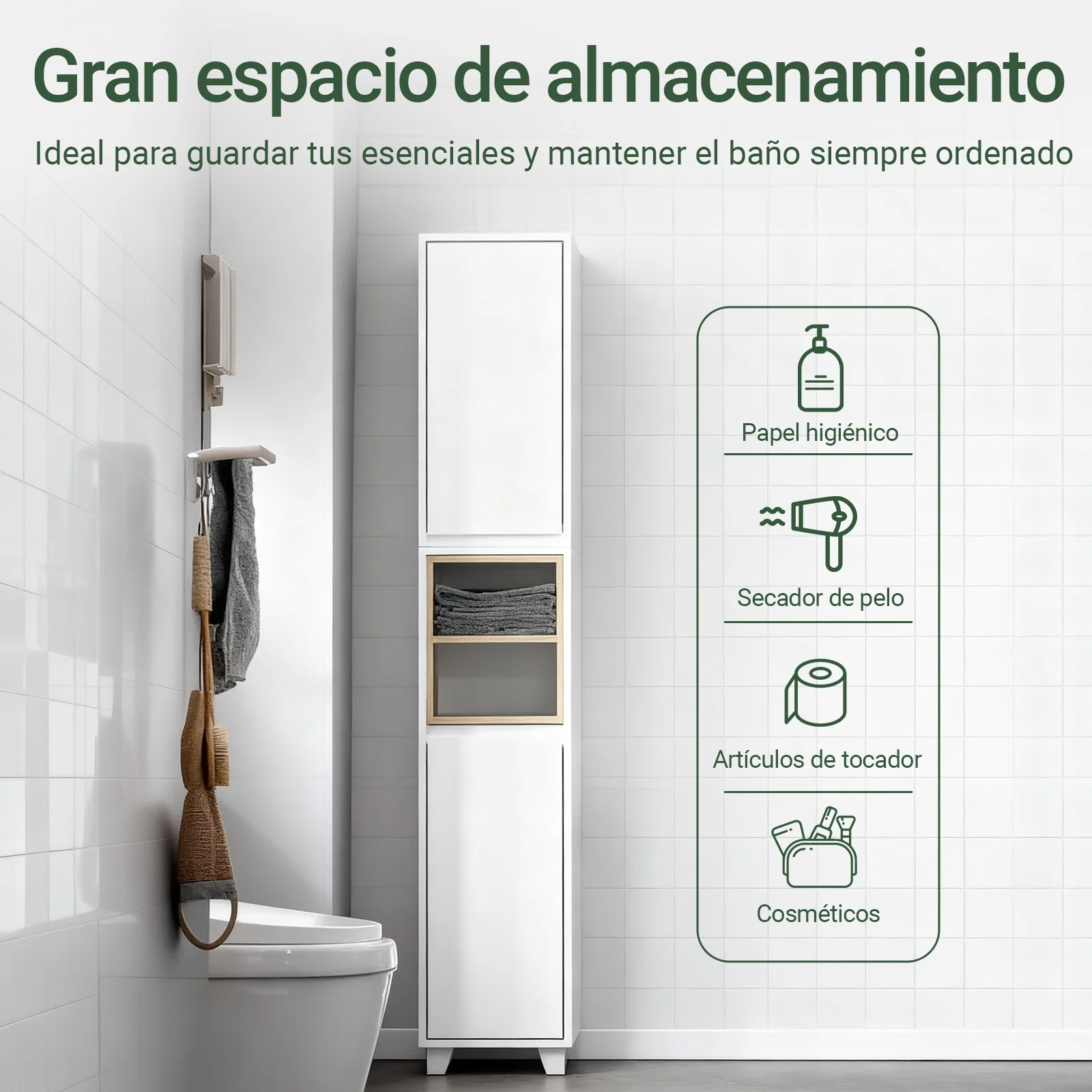 SoBuy BZR147-W Armario alto para Baño con 2 Compartimentos 2 puertas Blanco - Image 2