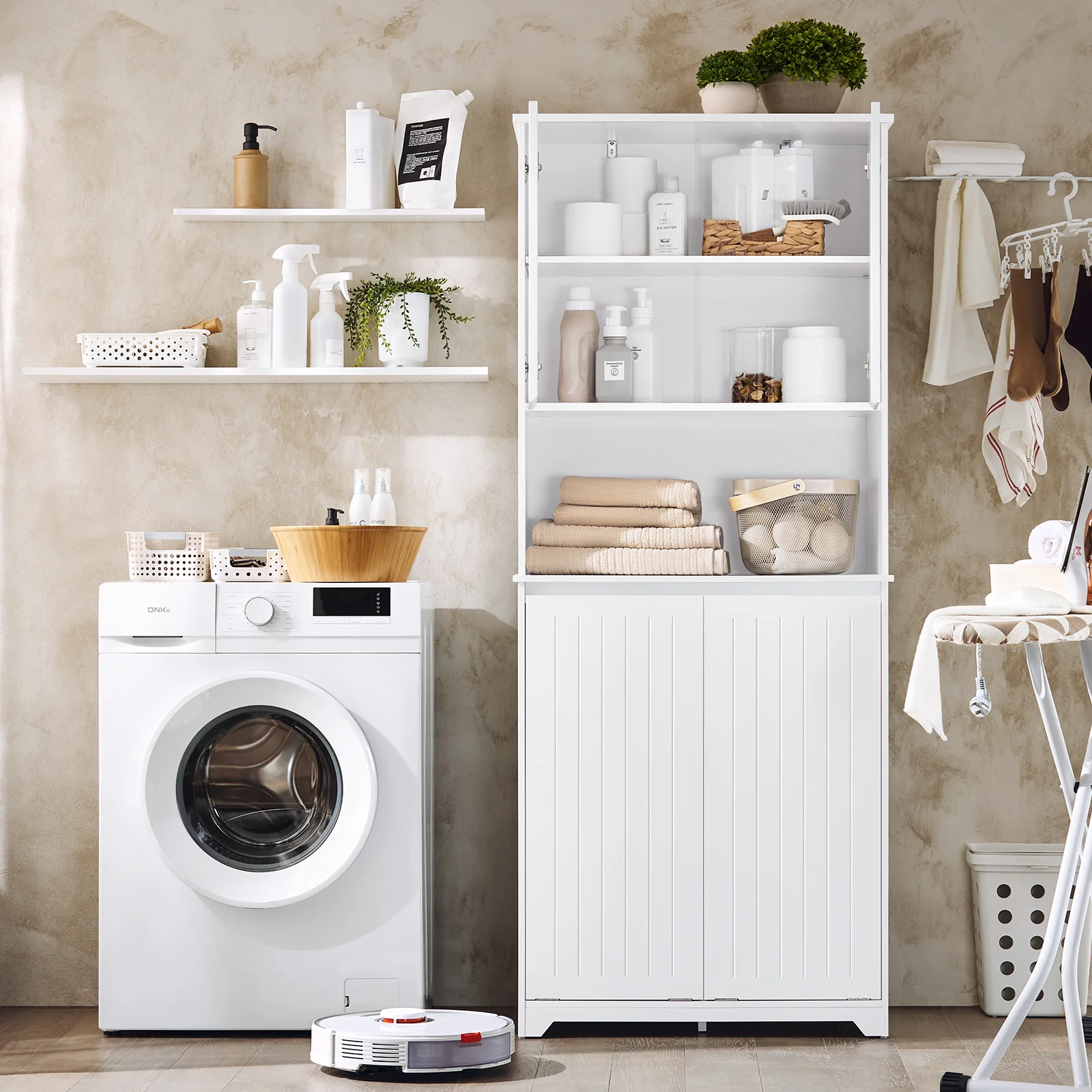 Preventa-SoBuy BZR150-W Mueble Columna de Baño con 2 cesto de ropa y 1 Compartimento Blanco - Image 2