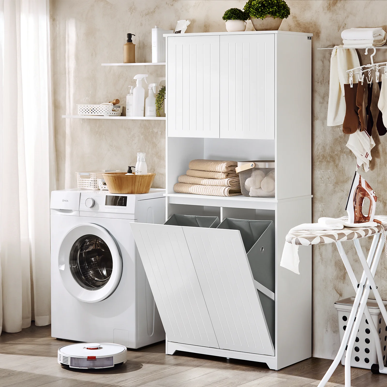 Preventa-SoBuy BZR150-W Mueble Columna de Baño con 2 cesto de ropa y 1 Compartimento Blanco - Image 4