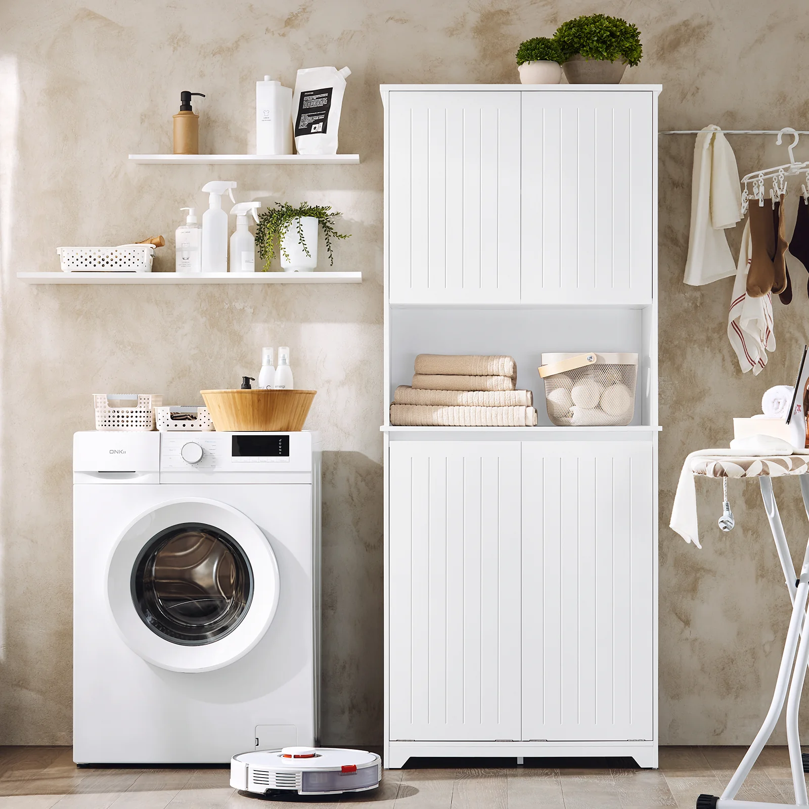 Preventa-SoBuy BZR150-W Mueble Columna de Baño con 2 cesto de ropa y 1 Compartimento Blanco - Image 5