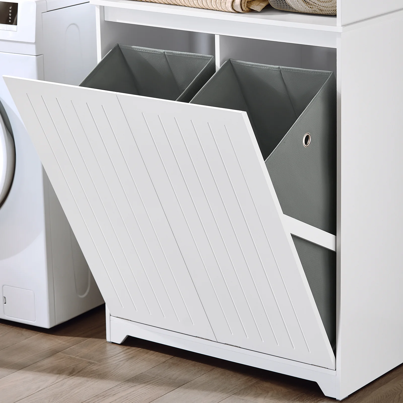 Preventa-SoBuy BZR150-W Mueble Columna de Baño con 2 cesto de ropa y 1 Compartimento Blanco - Image 8