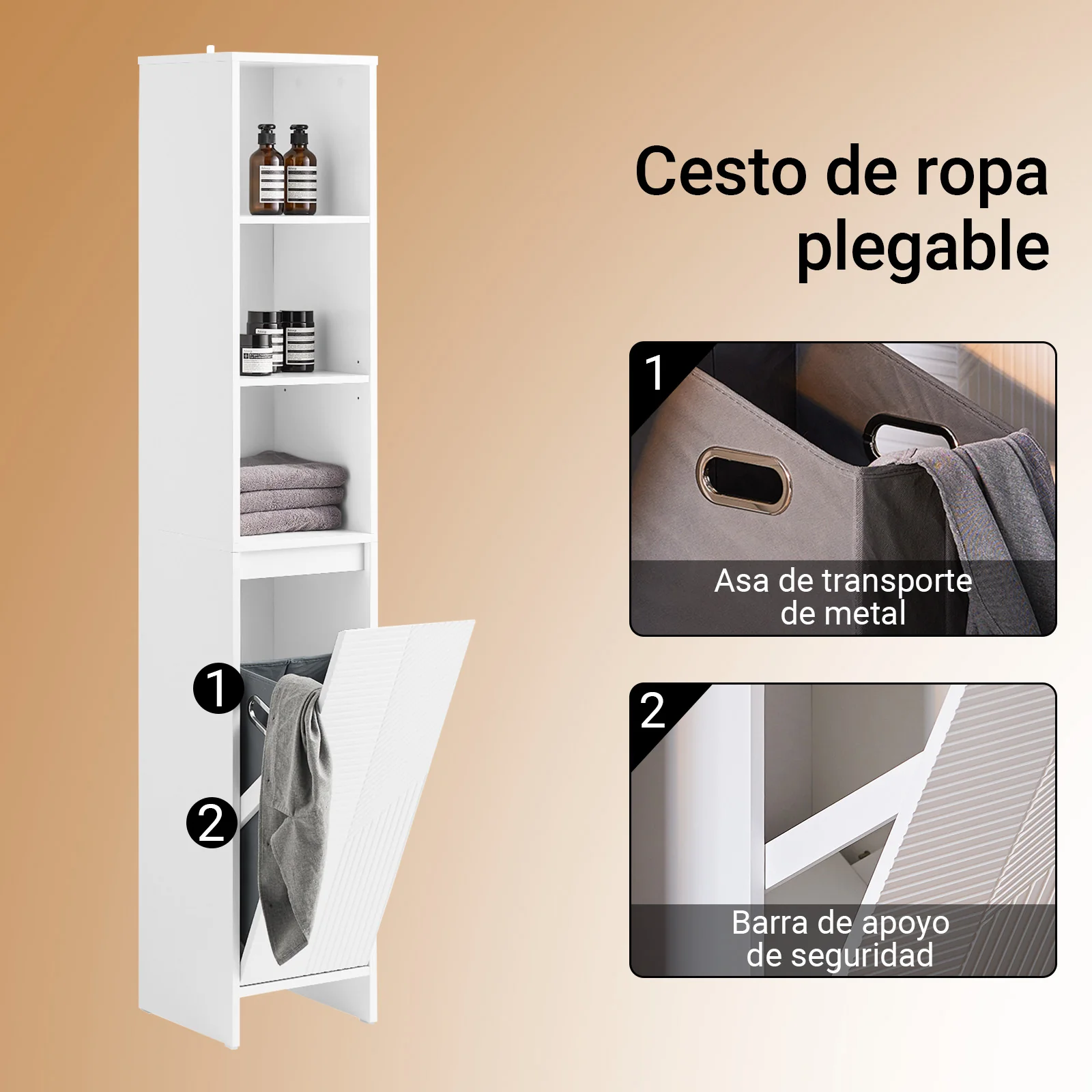 SoBuy BZR158-W Mueble Columna de Baño con 1 Cesto Blanco 30 x 30 x 170 cm - Image 4
