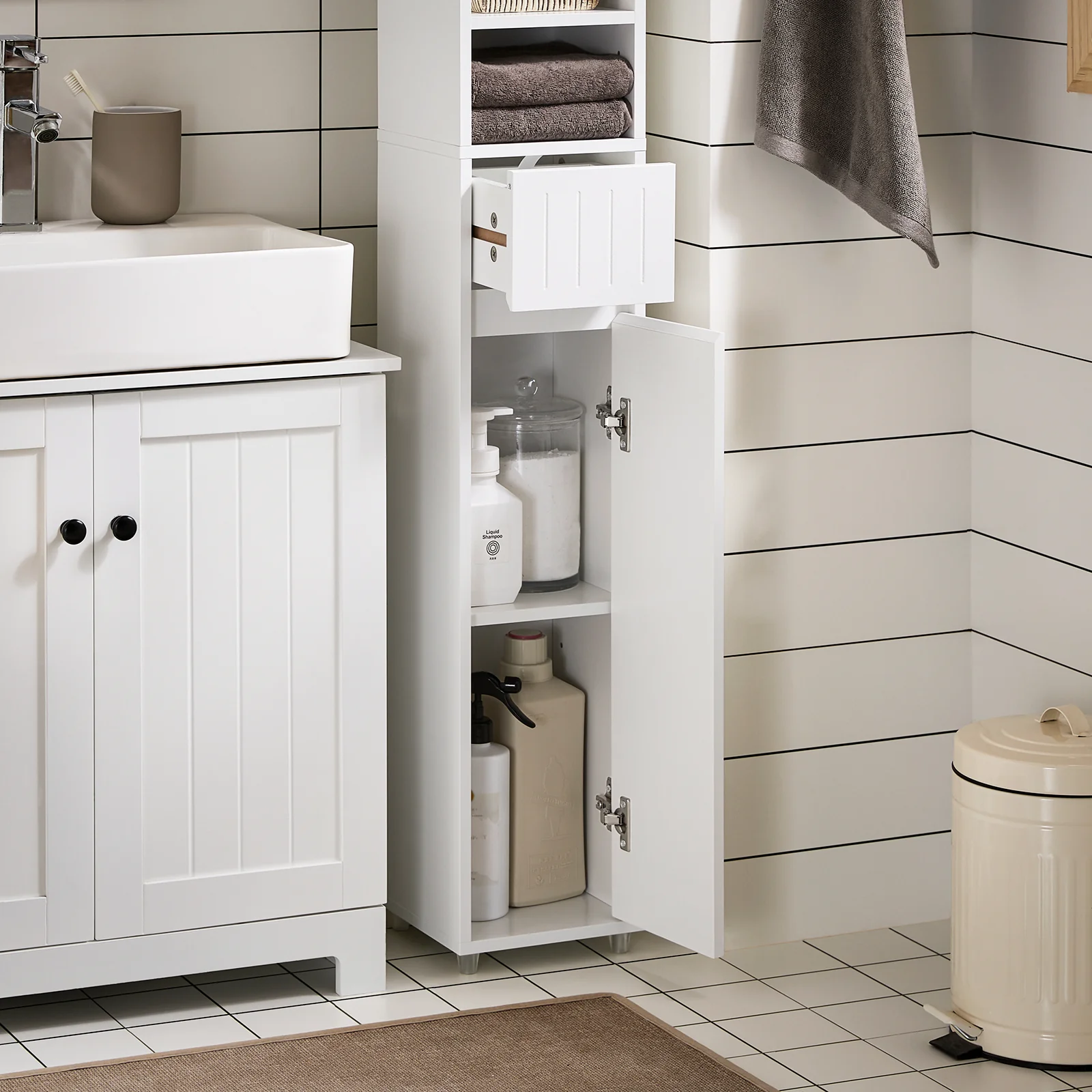 SoBuy BZR160-W Armario Alto para Baño con 2 Puertas y 1 Cajón Blanco - Image 6