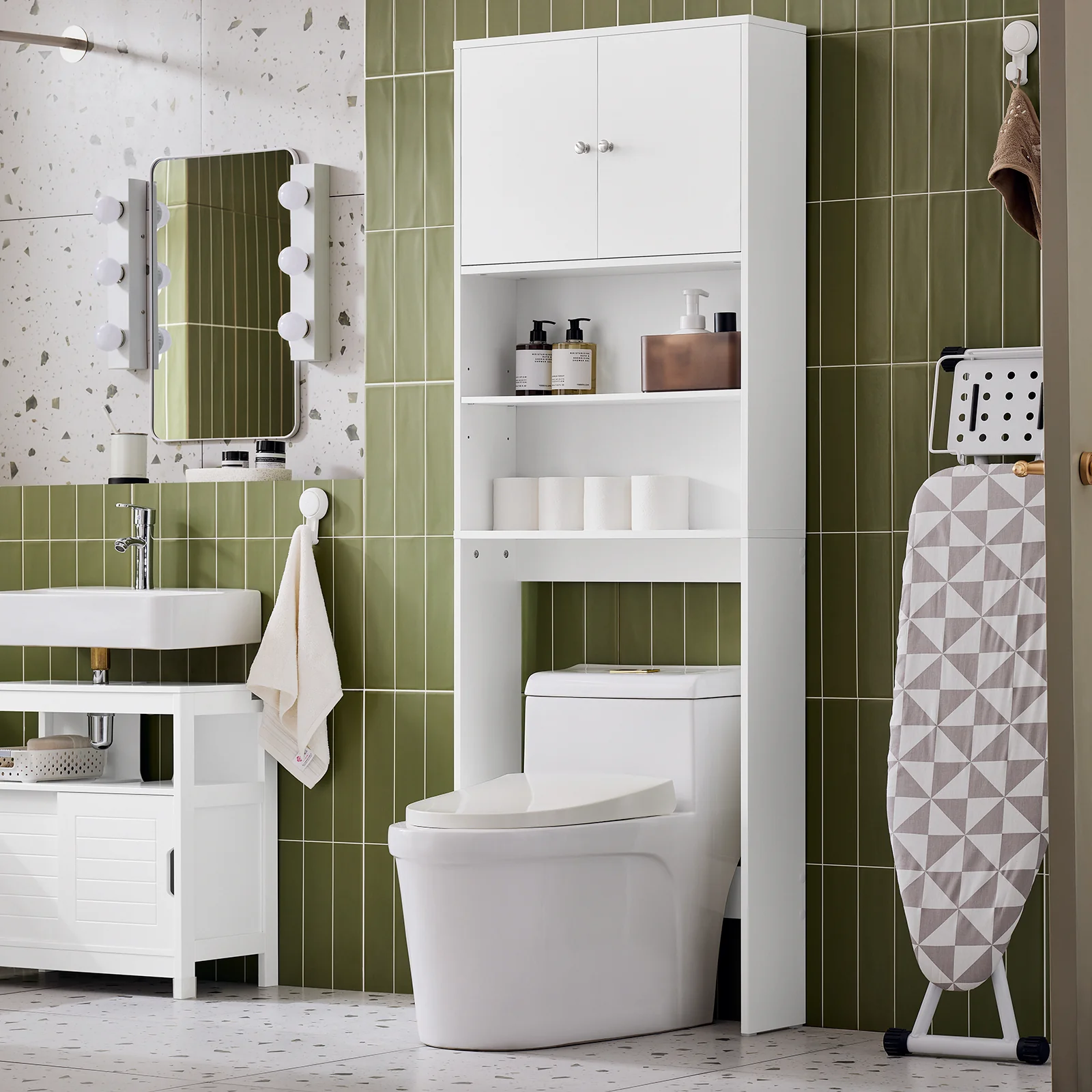 SoBuy BZR165-W Estantería de Baño para Colocar sobre el Inodoro con 2 Estantes Abiertos y 2 Puertas - Image 5