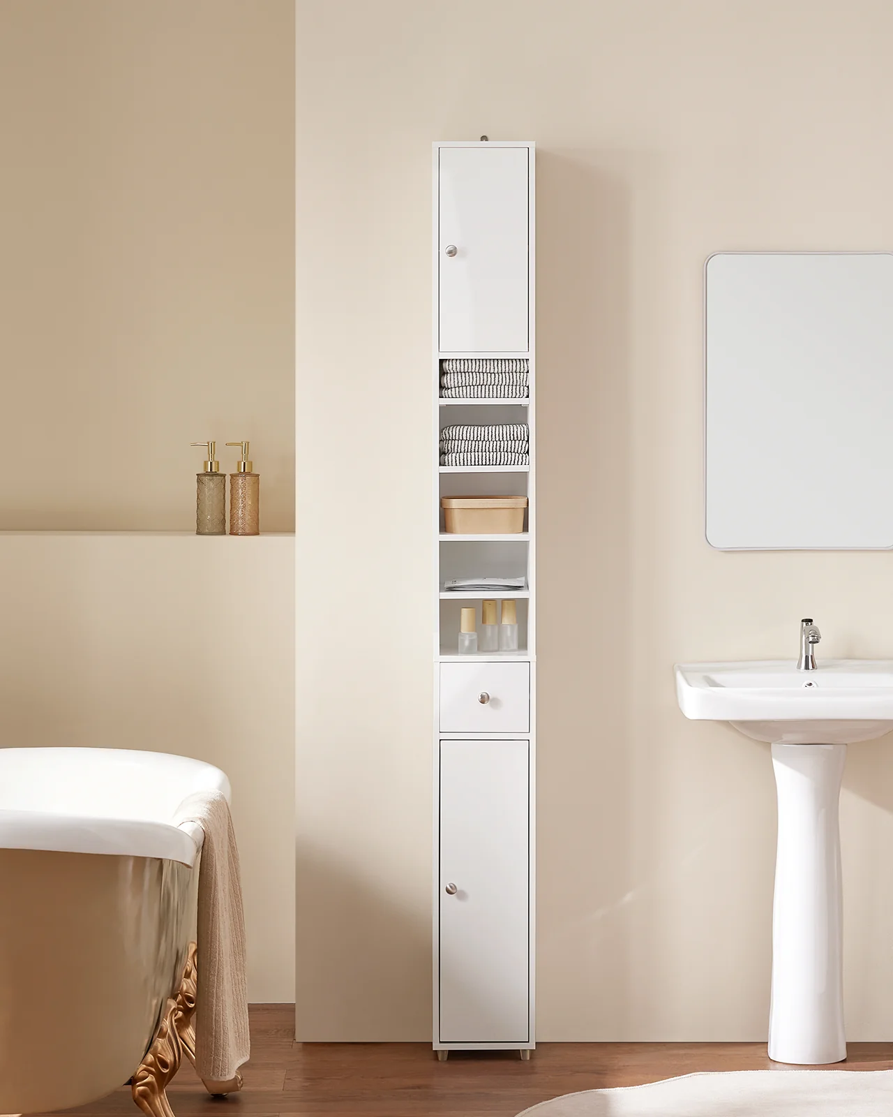 SoBuy BZR167-GW Mueble Columna de Baño con 5 Estantes Abiertos 2 Puertas y 1 Cajón Blanco - Image 2