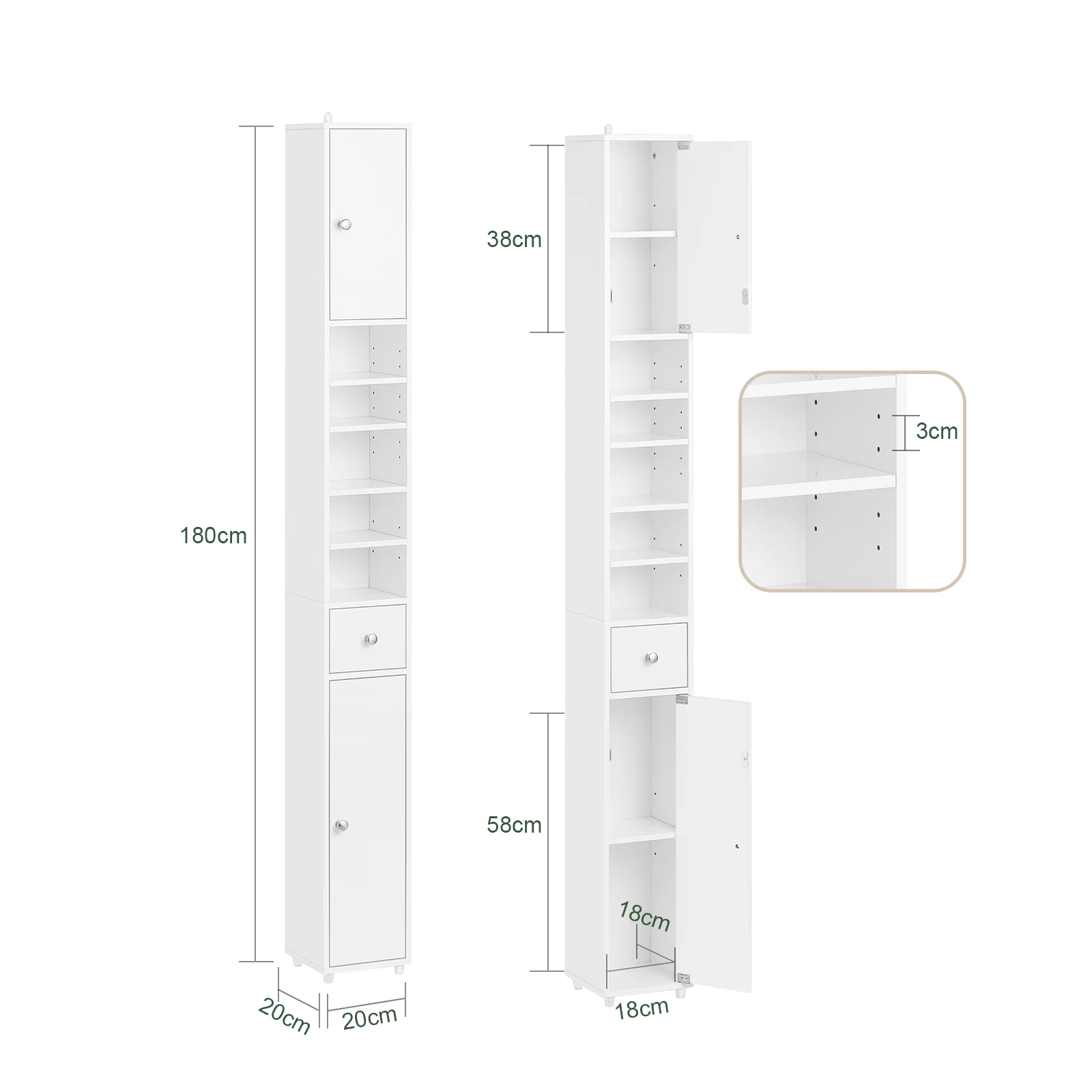 SoBuy BZR167-GW Mueble Columna de Baño con 5 Estantes Abiertos 2 Puertas y 1 Cajón Blanco - Image 3