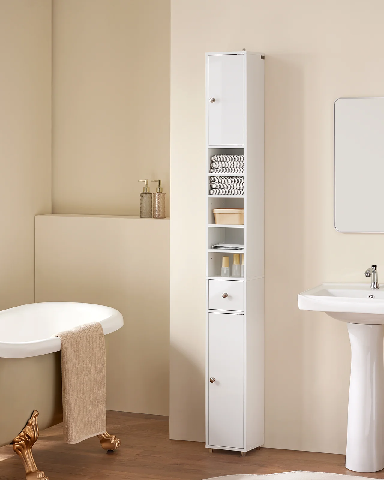 SoBuy BZR167-GW Mueble Columna de Baño con 5 Estantes Abiertos 2 Puertas y 1 Cajón Blanco - Image 4