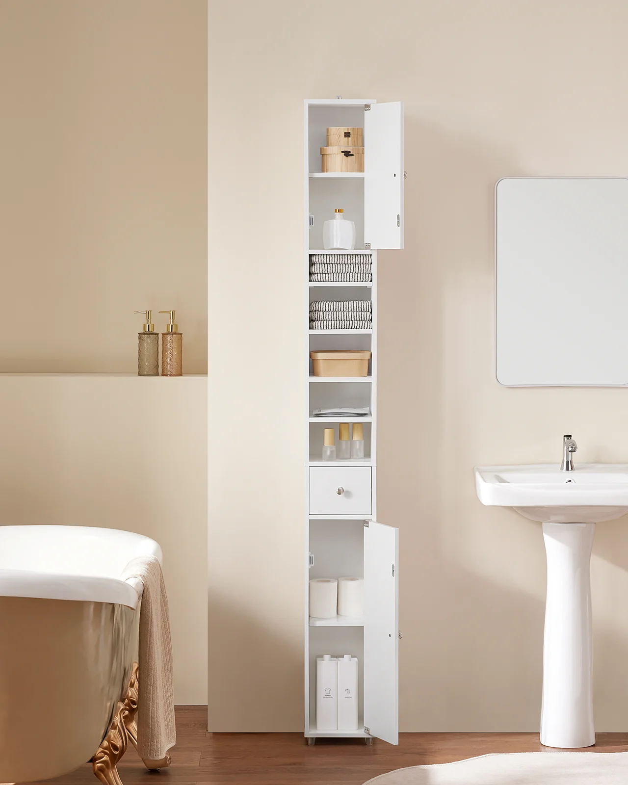 SoBuy BZR167-GW Mueble Columna de Baño con 5 Estantes Abiertos 2 Puertas y 1 Cajón Blanco - Image 5