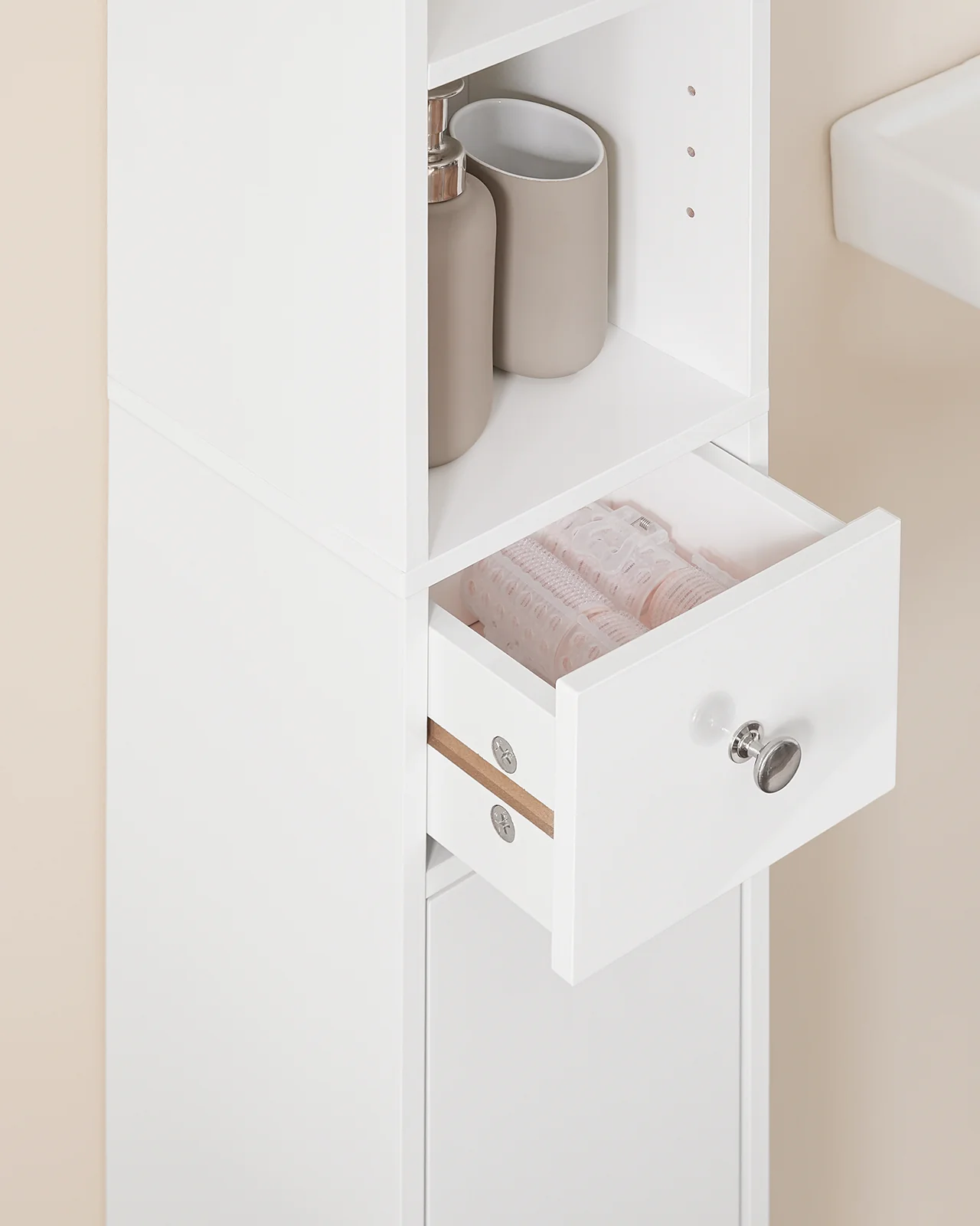SoBuy BZR167-GW Mueble Columna de Baño con 5 Estantes Abiertos 2 Puertas y 1 Cajón Blanco - Image 8