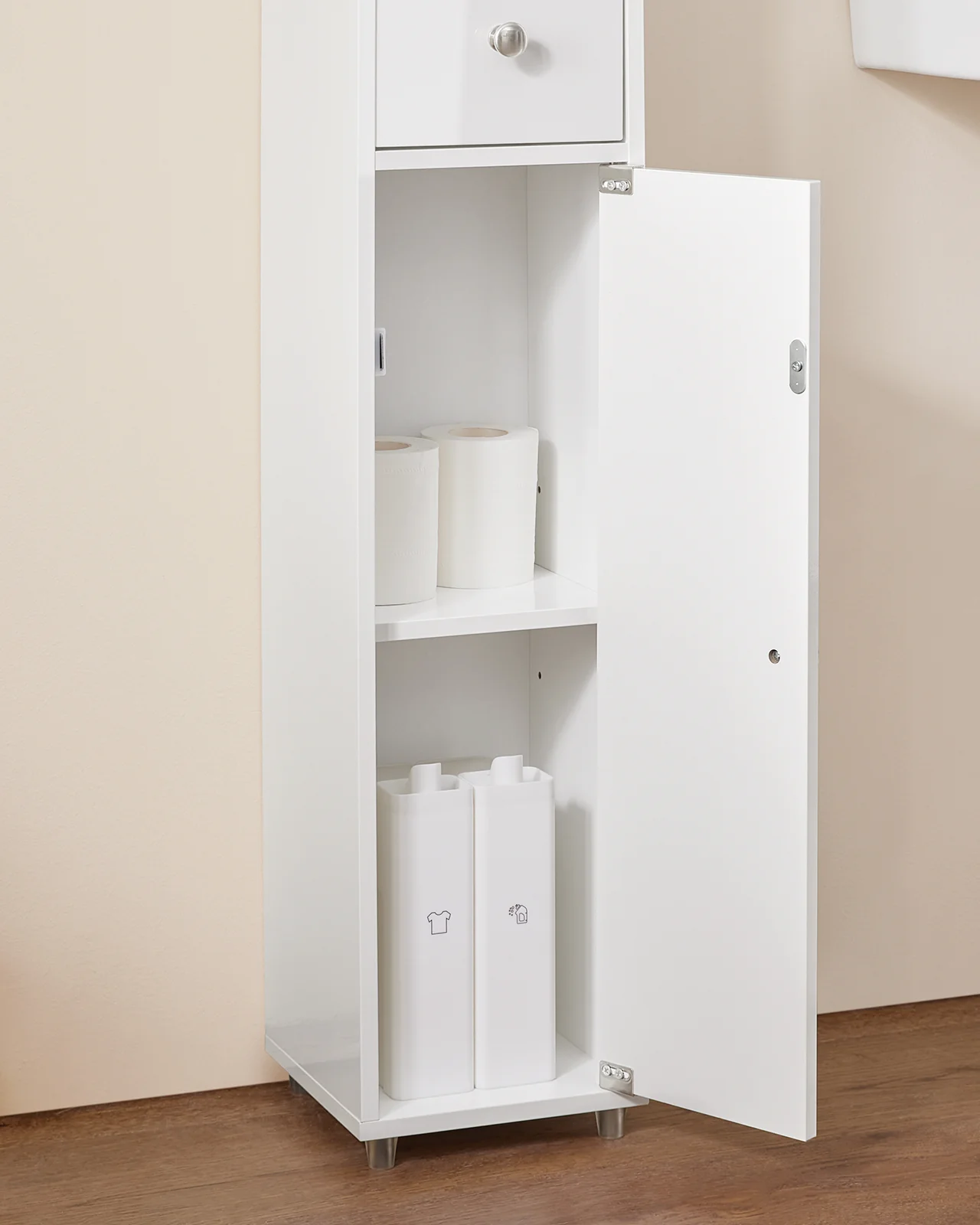 SoBuy BZR167-GW Mueble Columna de Baño con 5 Estantes Abiertos 2 Puertas y 1 Cajón Blanco - Image 9