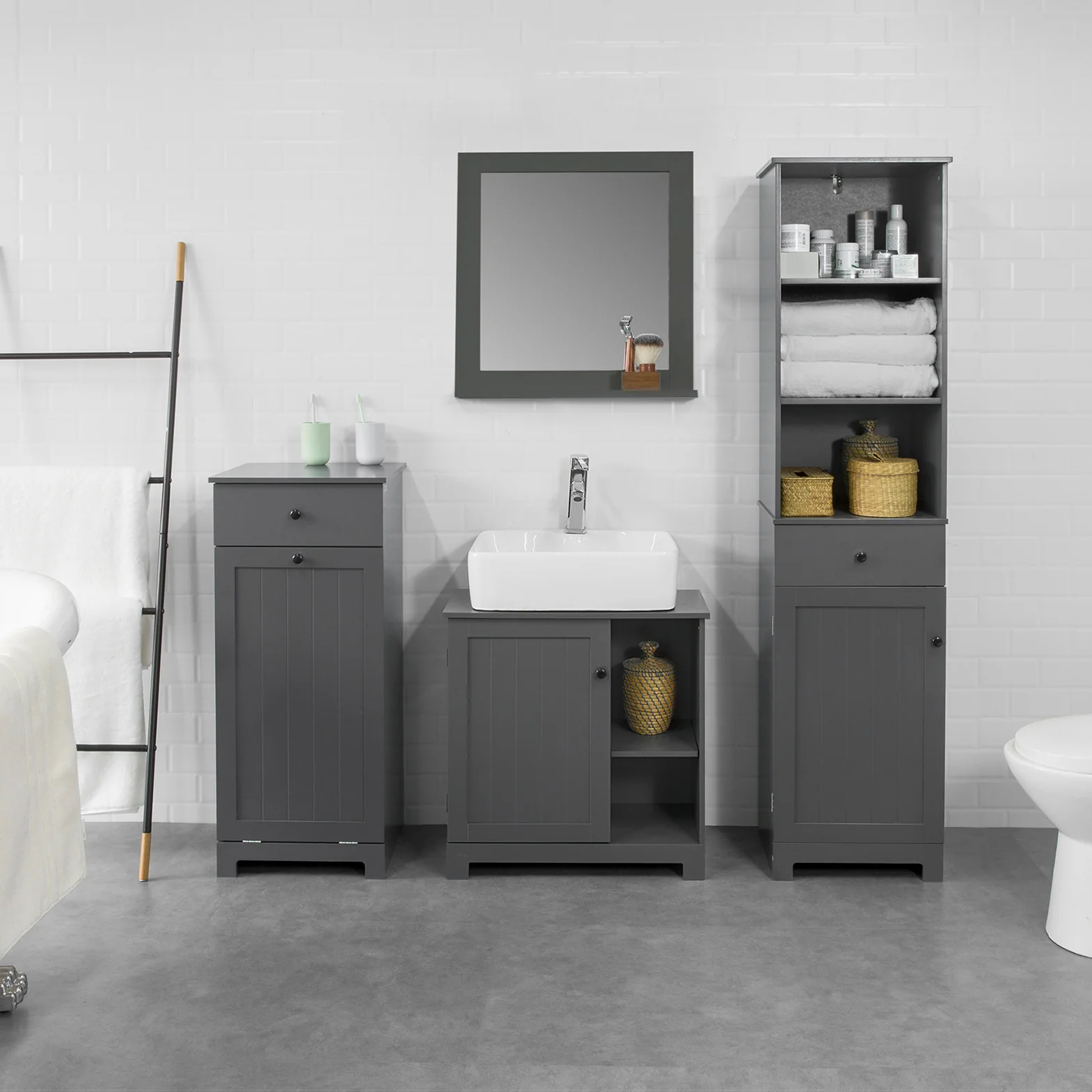 SoBuy BZR17-DG Mueble Columna de Baño con 1 Puerta y 3 Estantes y 1 cajón Gris - Image 4