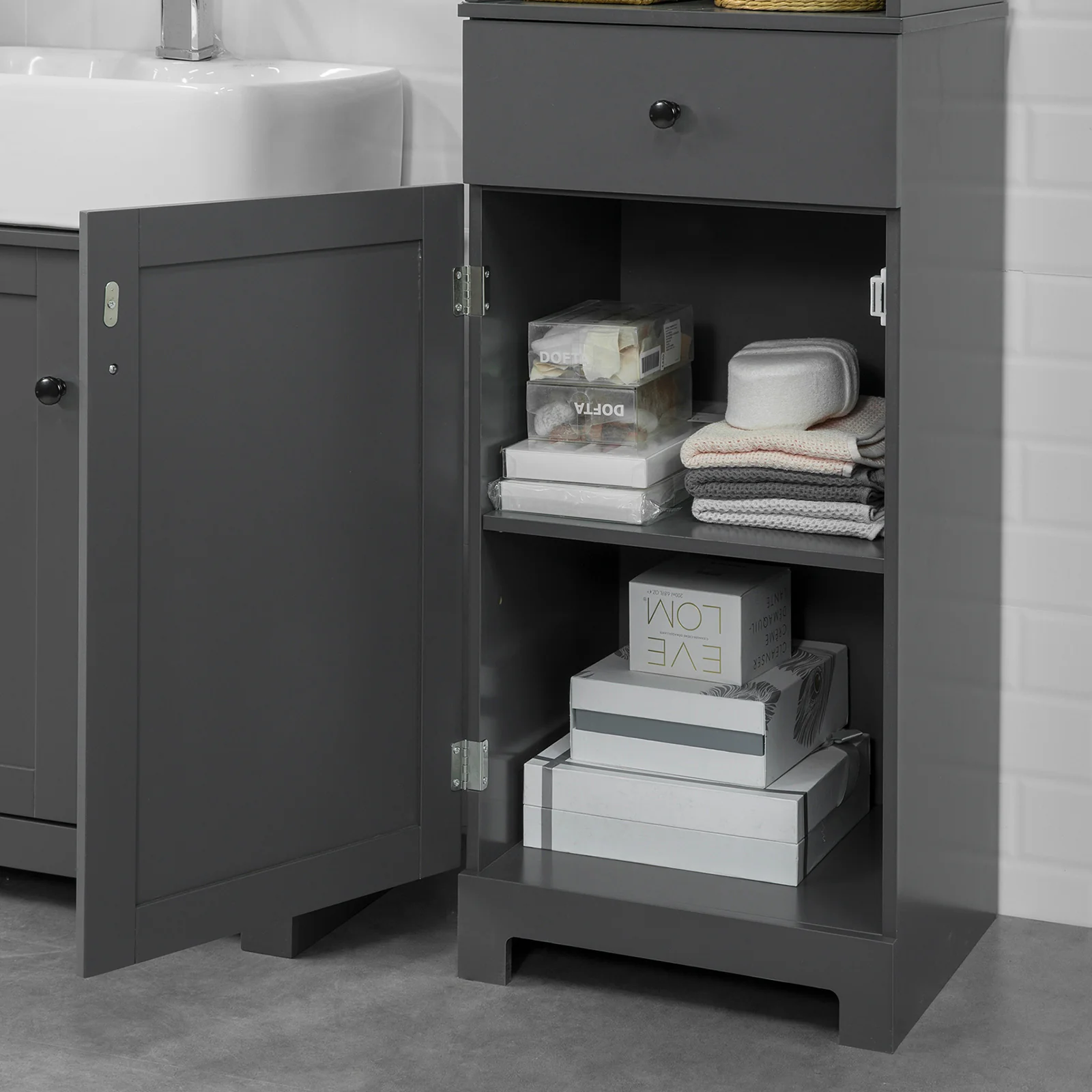 SoBuy BZR17-DG Mueble Columna de Baño con 1 Puerta y 3 Estantes y 1 cajón Gris - Image 7