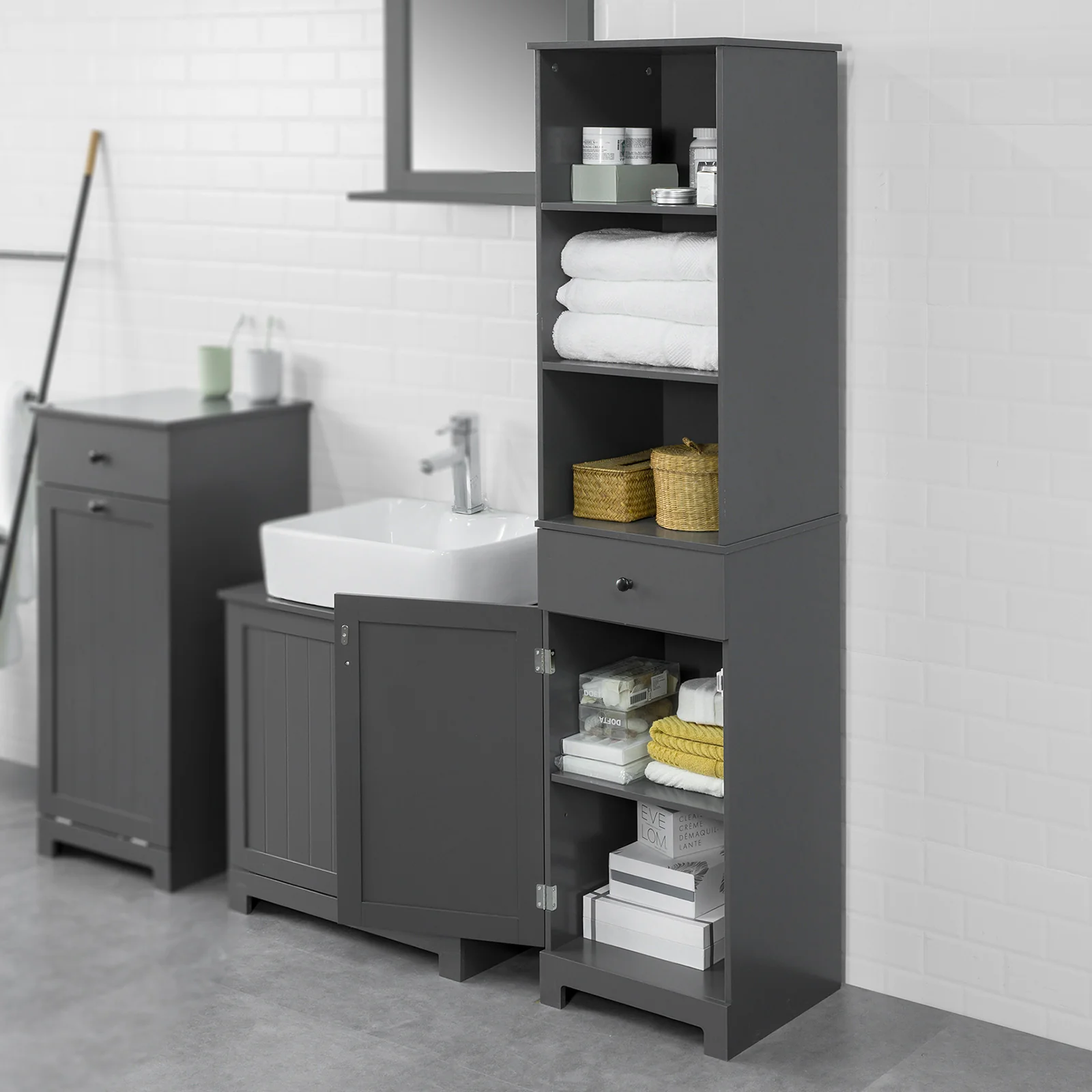 SoBuy BZR17-DG Mueble Columna de Baño con 1 Puerta y 3 Estantes y 1 cajón Gris - Image 8