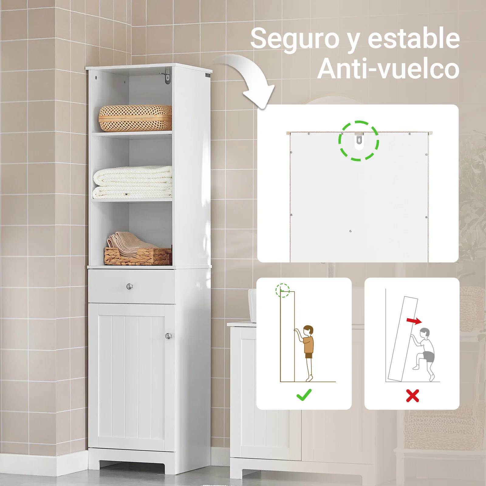 SoBuy BZR17-W Mueble Columna de Baño con 1 puerta y 3 estantes y 1 cajón Blanco - Image 4