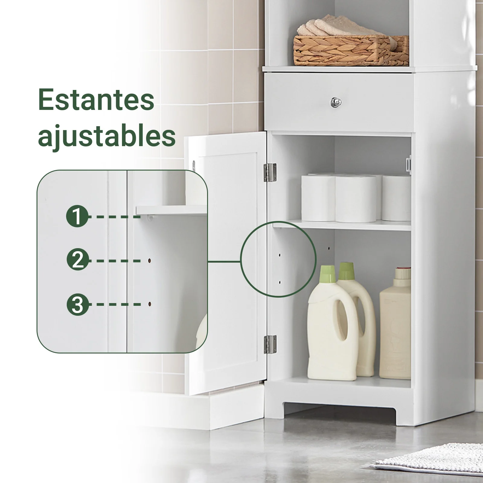SoBuy BZR17-W Mueble Columna de Baño con 1 puerta y 3 estantes y 1 cajón Blanco - Image 5