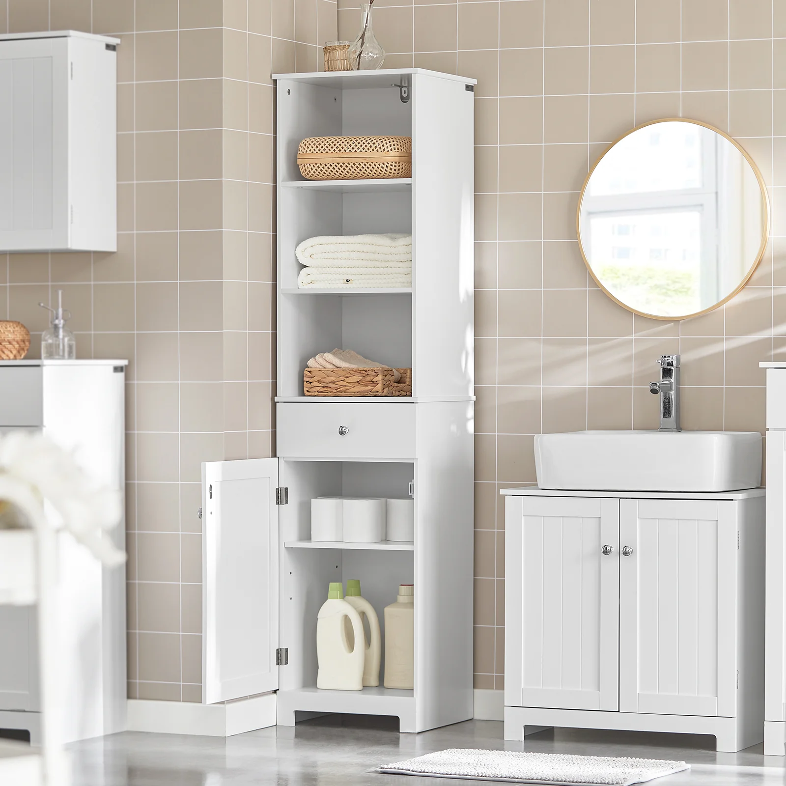 SoBuy BZR17-W Mueble Columna de Baño con 1 puerta y 3 estantes y 1 cajón Blanco - Image 8