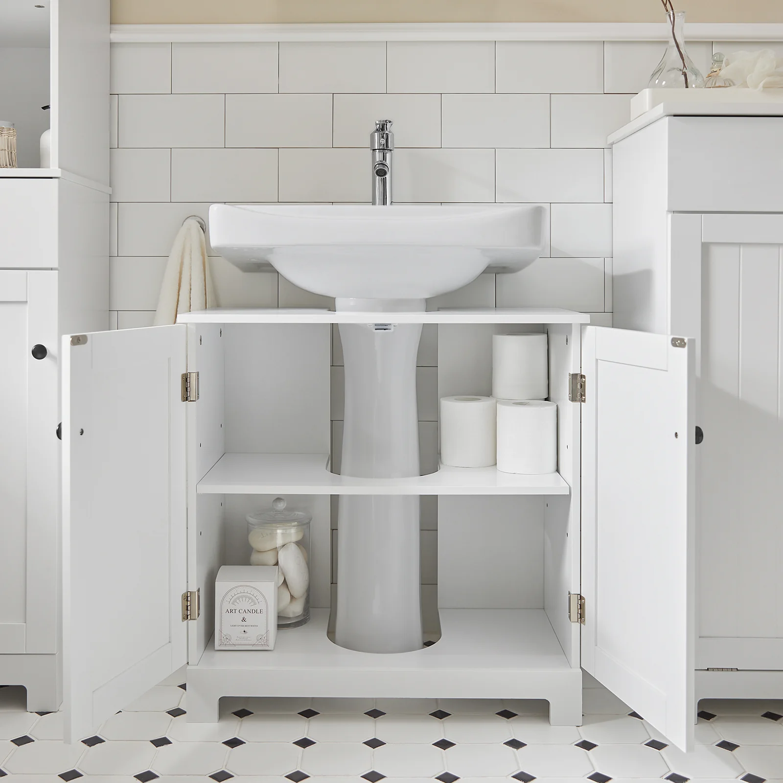 SoBuy BZR18-II-W Armario Lavabo con pedestal Armario de baño hasta el suelo Blanco - Image 6