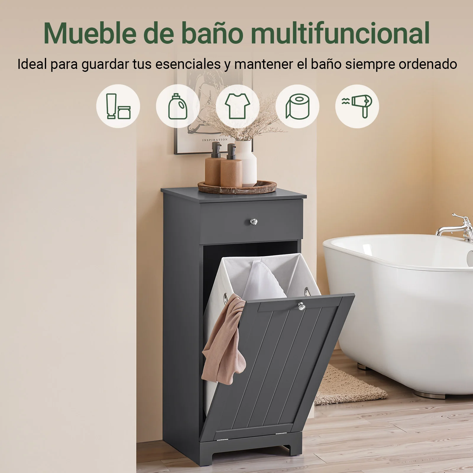 SoBuy BZR21-II-DG Mueble Baño con Cesto Ropa Sucia y Cajón Gris 40x38x90cm - Image 2