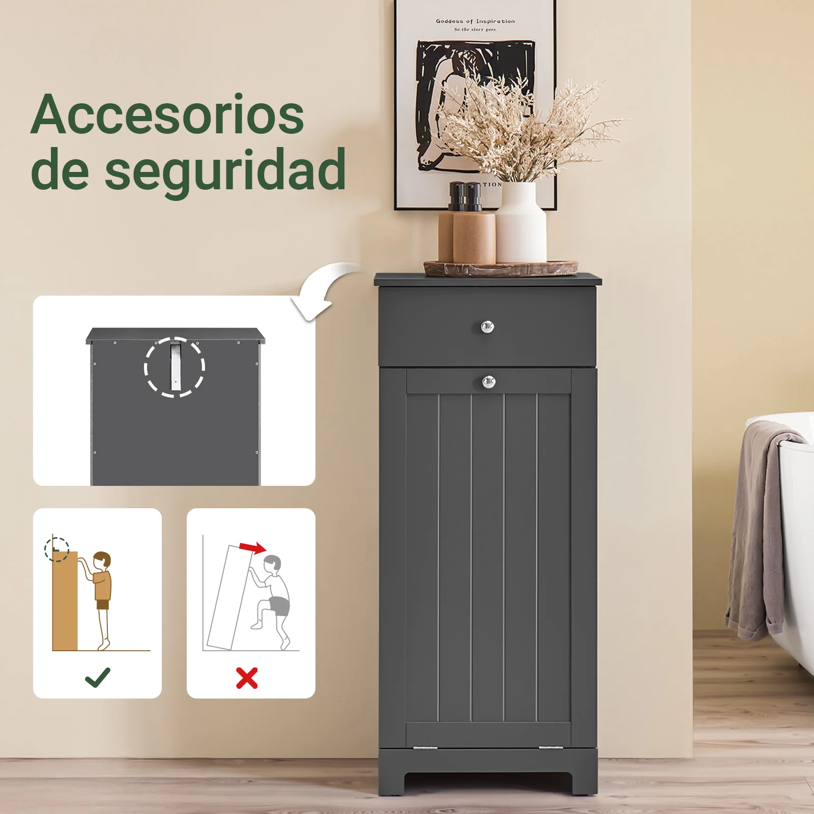 SoBuy BZR21-II-DG Mueble Baño con Cesto Ropa Sucia y Cajón Gris 40x38x90cm - Image 5