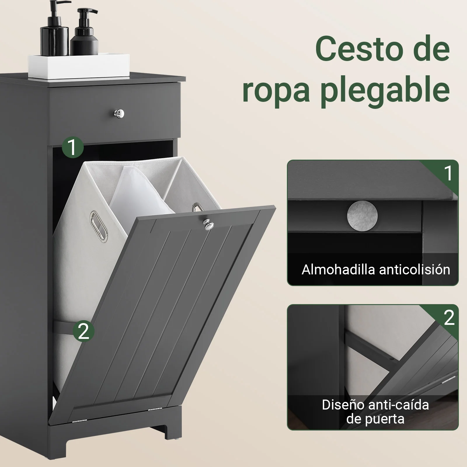 SoBuy BZR21-II-DG Mueble Baño con Cesto Ropa Sucia y Cajón Gris 40x38x90cm - Image 6