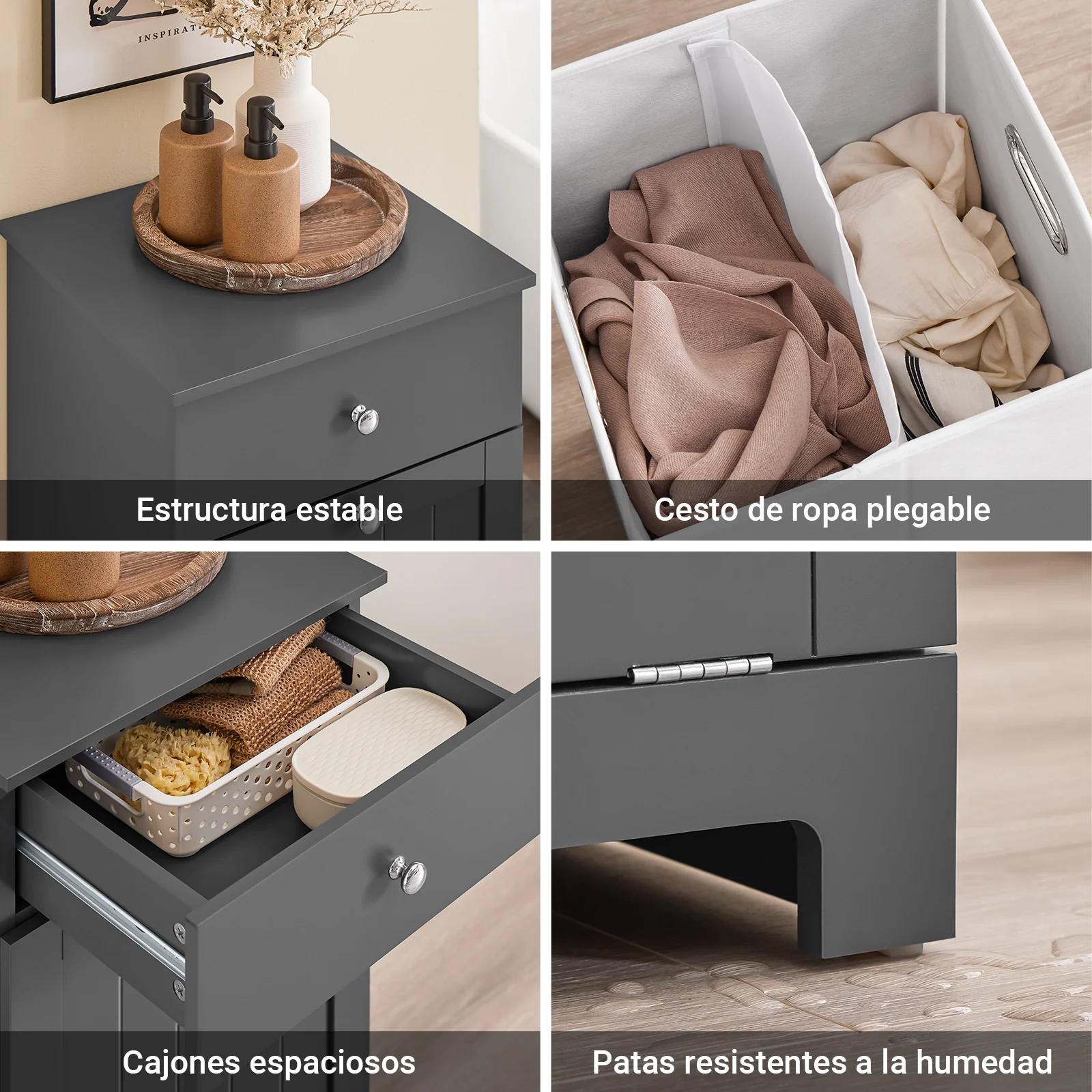 SoBuy BZR21-II-DG Mueble Baño con Cesto Ropa Sucia y Cajón Gris 40x38x90cm - Image 9