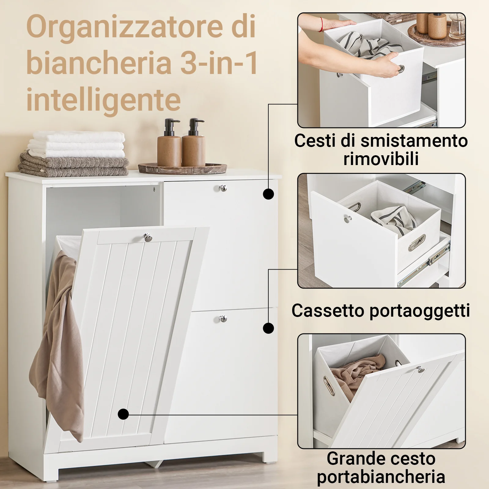 SoBuy BZR213-W Mueble Baño con 3 Cestos de Ropa Armario Estrecho para Lavandería 78x38x90 cm - Image 7