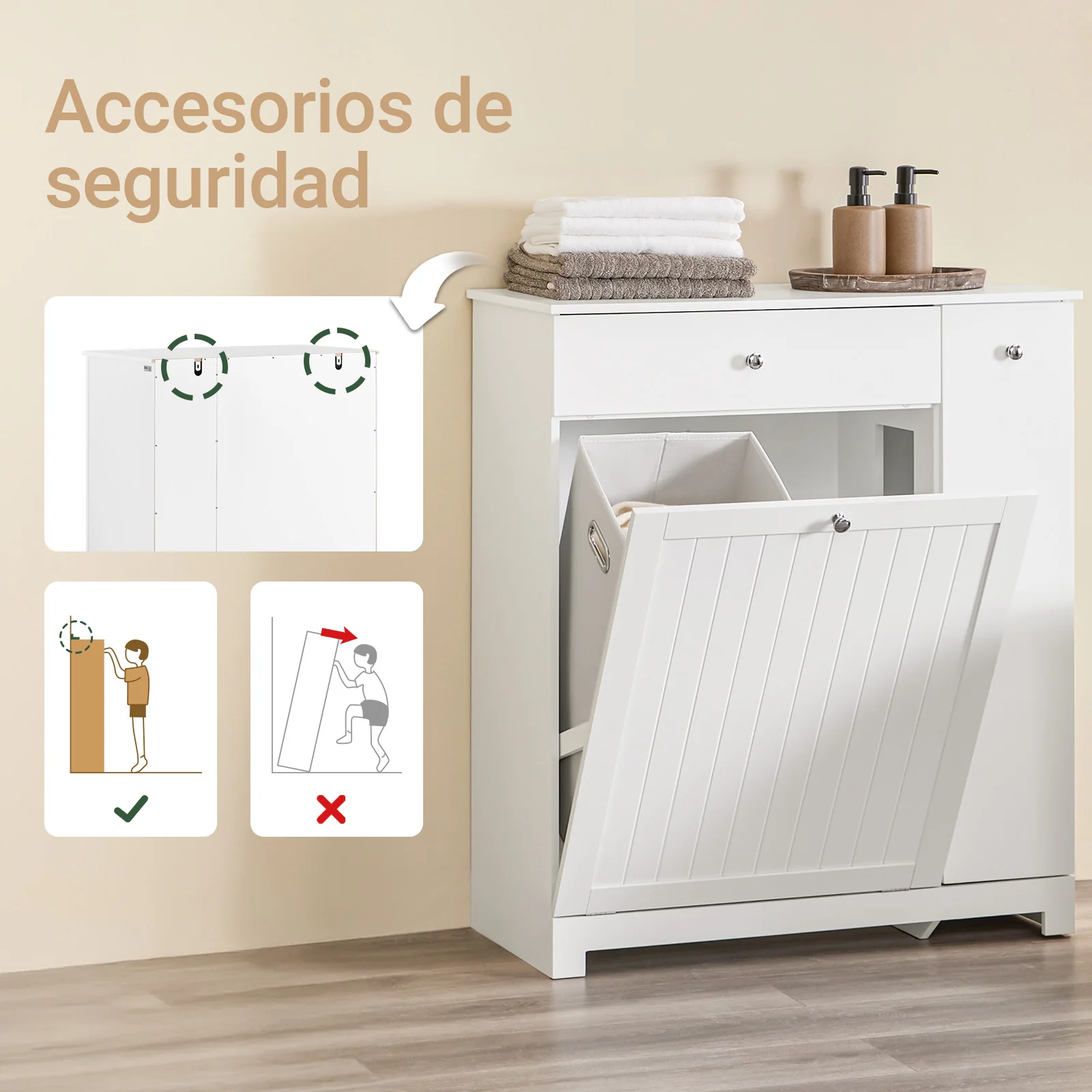 SoBuy BZR214-W Mueble Baño con Cestos para Ropa con Cajón, 2 Cestos Extraíbles y Compartimento Deslizante - Image 4