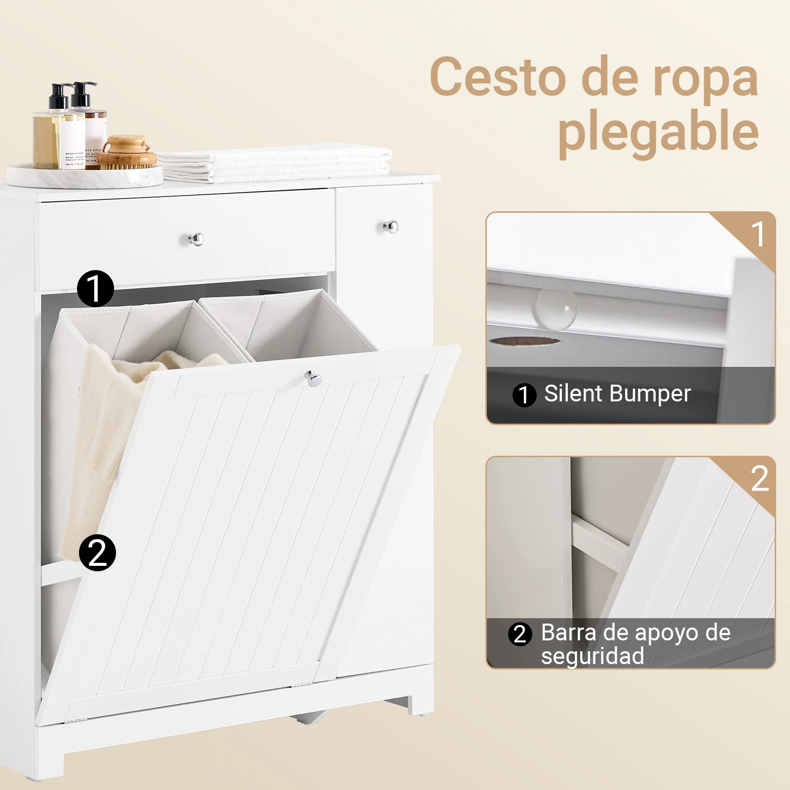 SoBuy BZR214-W Mueble Baño con Cestos para Ropa con Cajón, 2 Cestos Extraíbles y Compartimento Deslizante - Image 7
