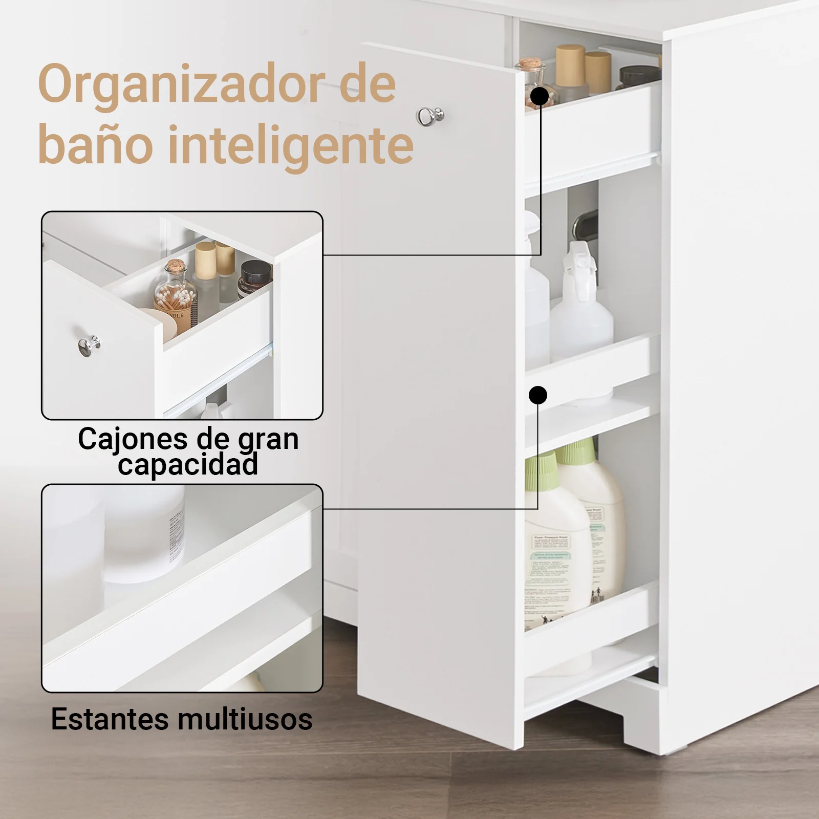SoBuy BZR214-W Mueble Baño con Cestos para Ropa con Cajón, 2 Cestos Extraíbles y Compartimento Deslizante - Image 8