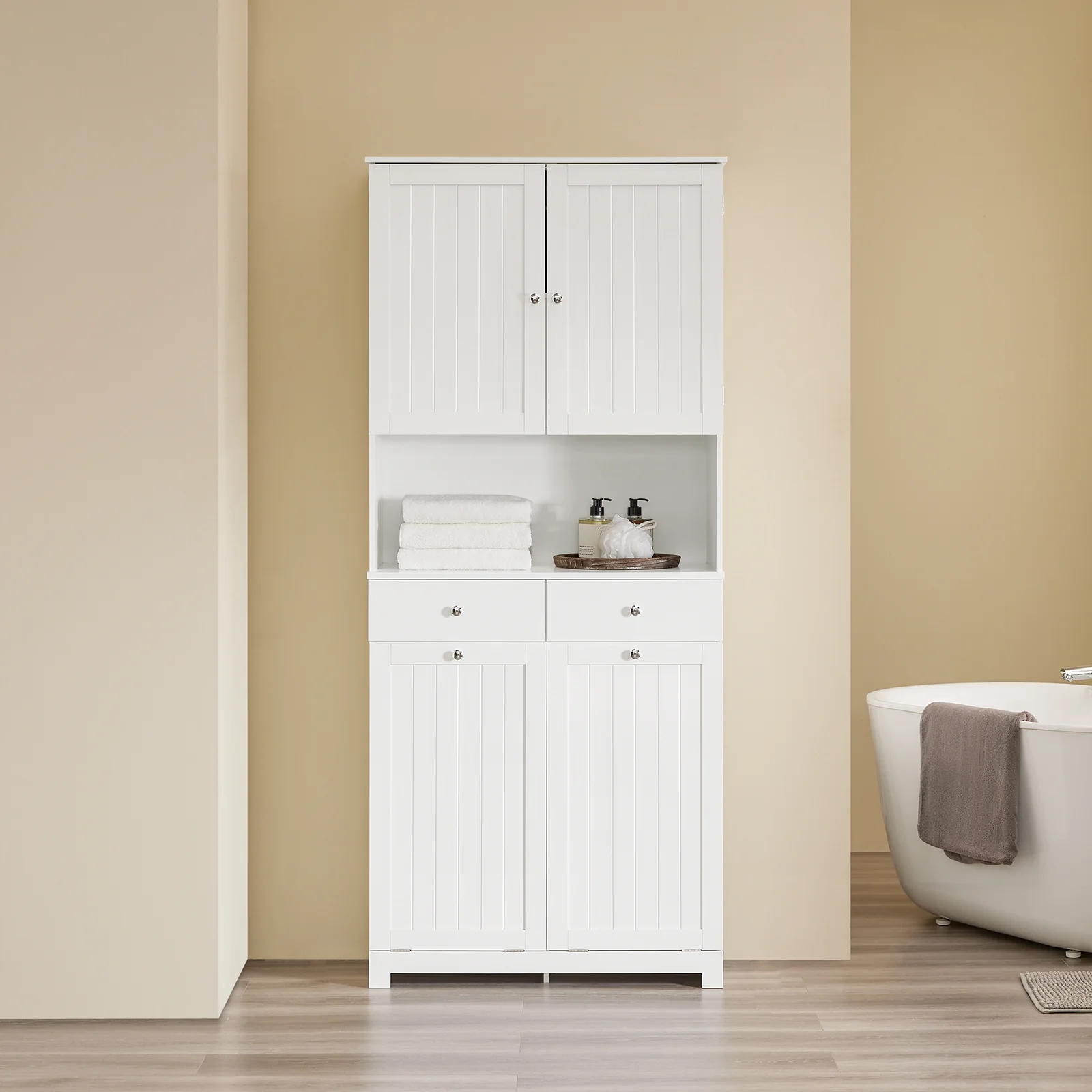 SoBuy BZR215-W Armario Alto de Baño con 2 Cestos para Ropa y 2 Cajones Blanco - Image 4