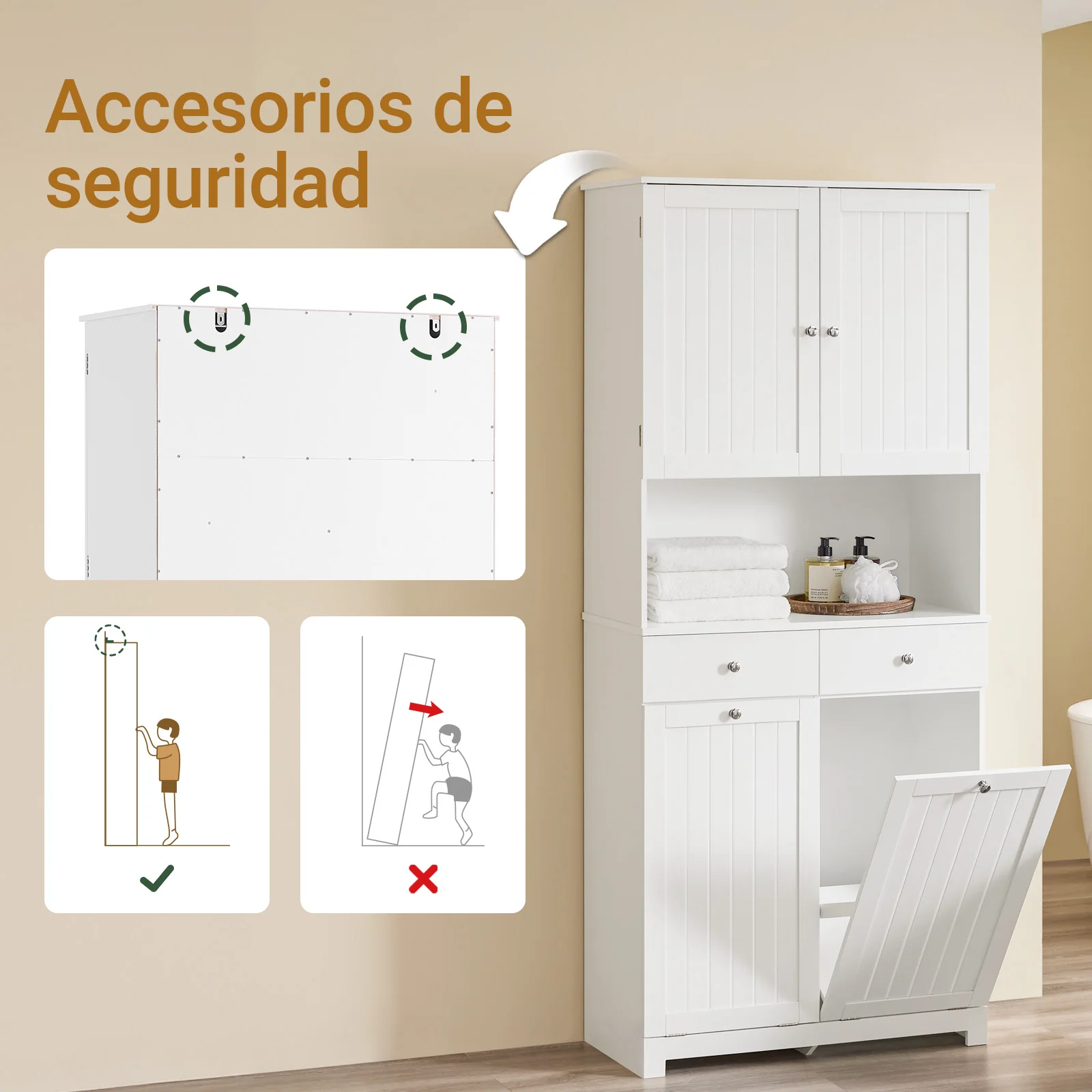 SoBuy BZR215-W Armario Alto de Baño con 2 Cestos para Ropa y 2 Cajones Blanco - Image 6